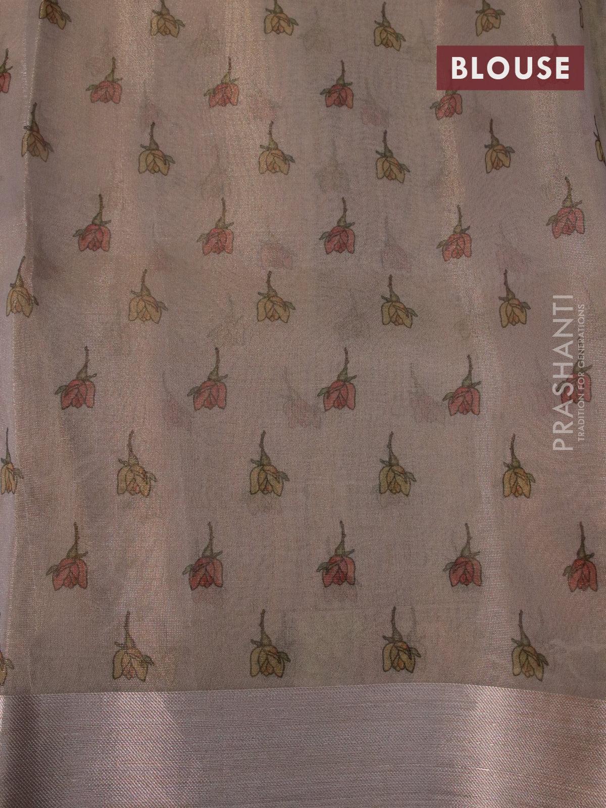 Tissue saree beige with floral digital prints and embroidery floral design cut work border - Image 4