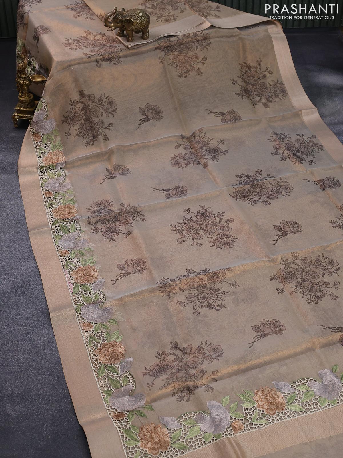 Tissue saree beige with floral digital prints and embroidery floral design cut work border - Image 2