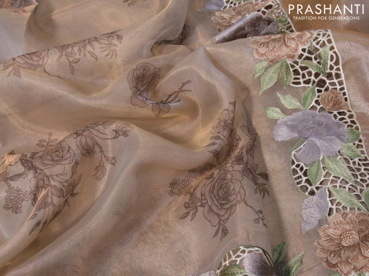 Tissue saree beige with floral digital prints and embroidery floral design cut work border - Image 3