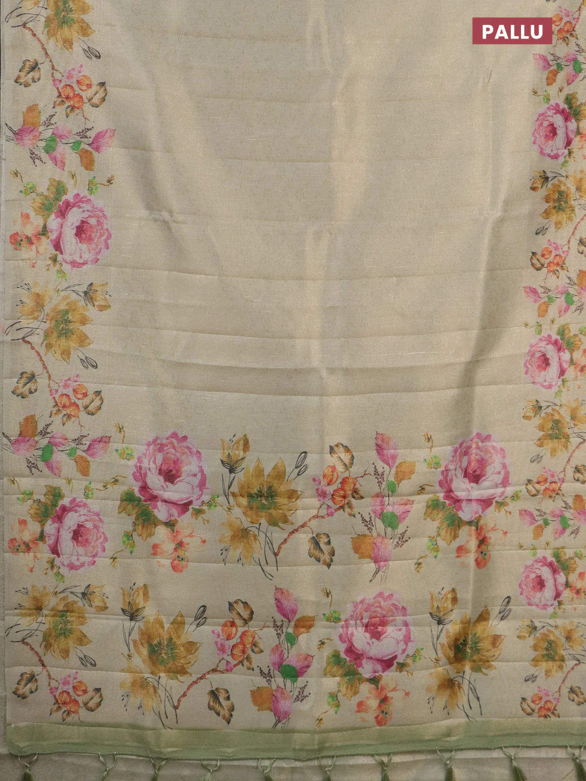Tissue saree cream and pastel green with allover zari weaves and digital printed border - Image 3