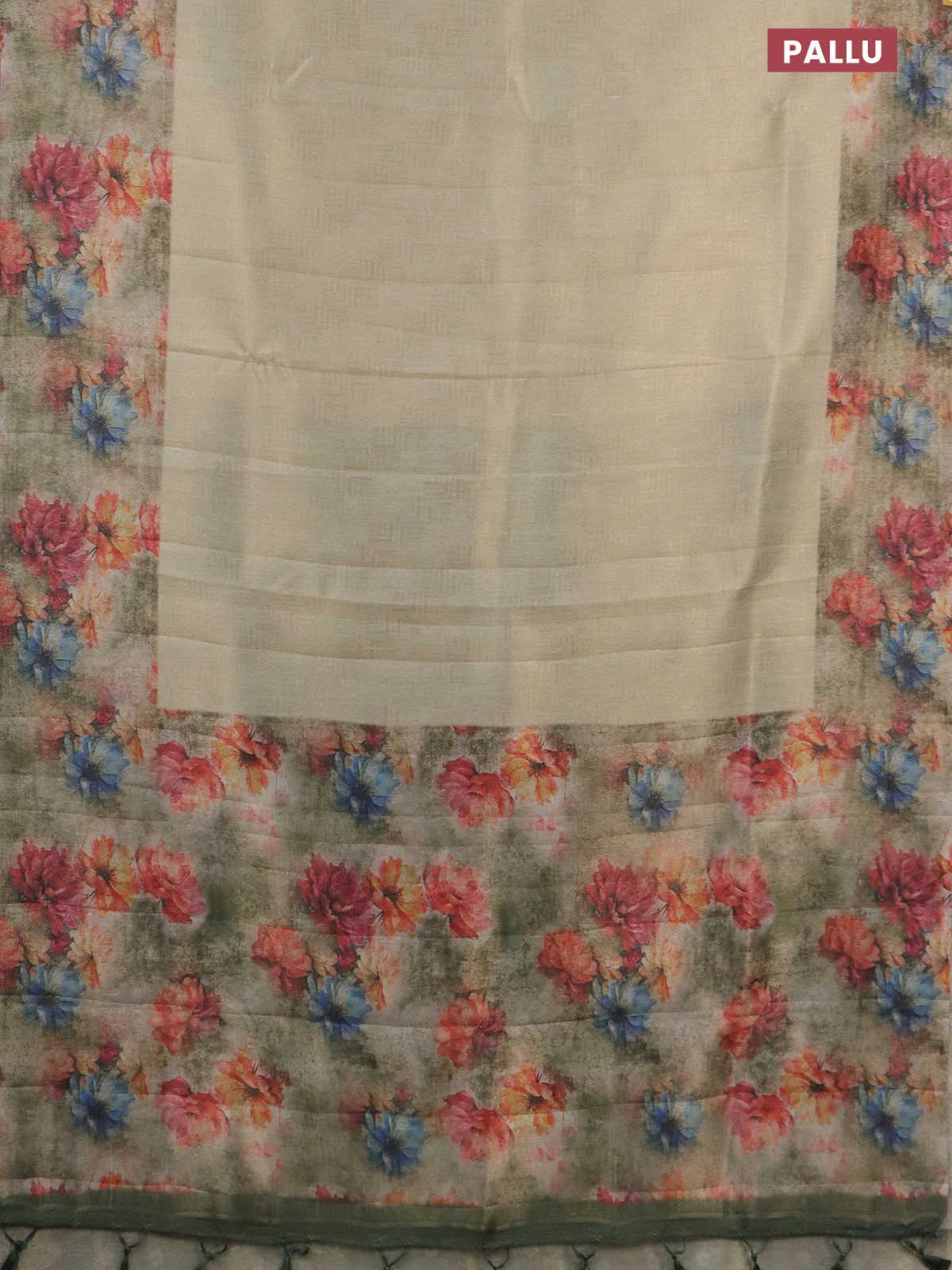 Tissue saree cream and pastel green with allover zari weaves and floral digital printed border - Image 3