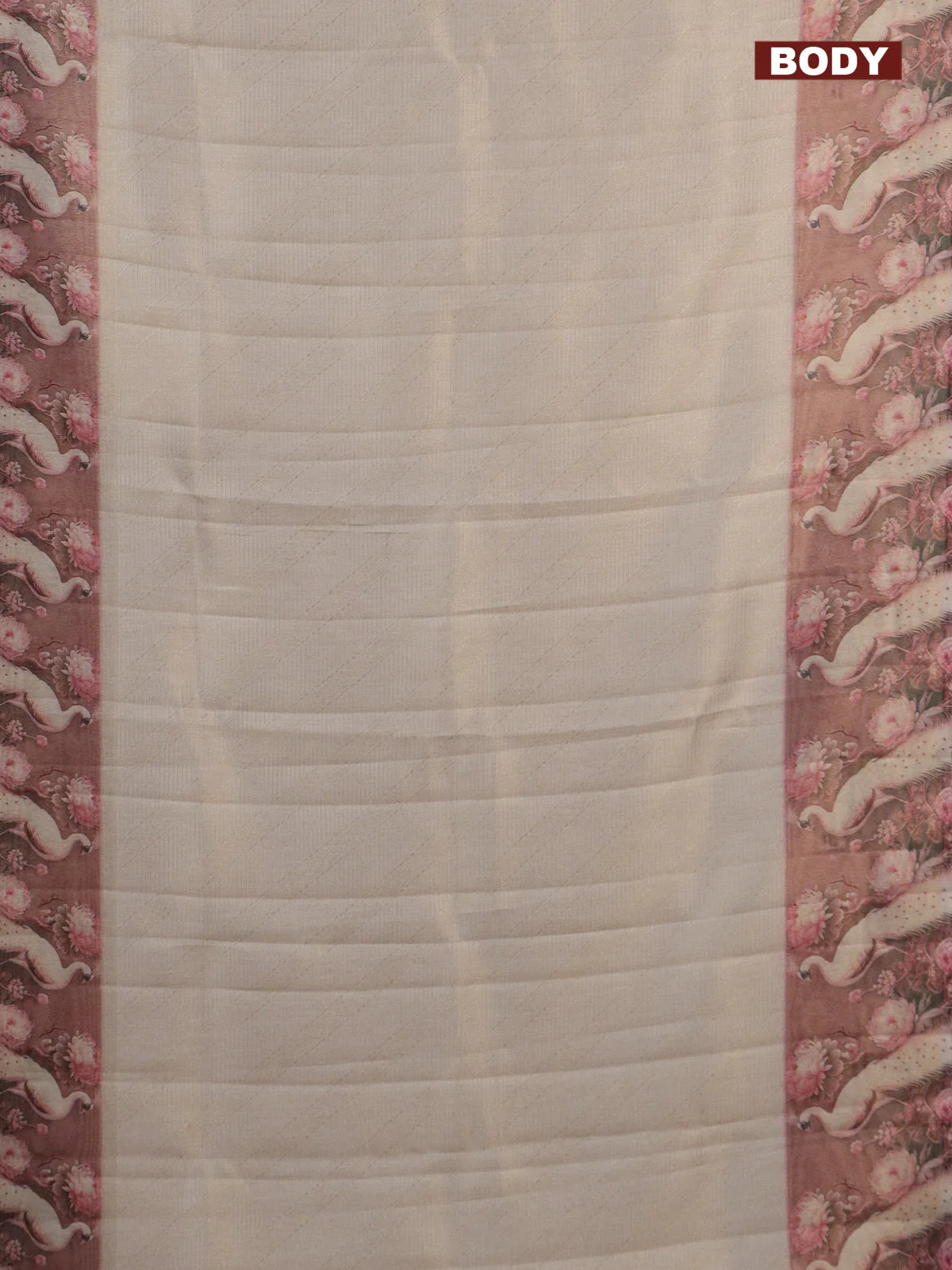 Tissue saree cream and pastel pink with allover zari weaves and floral digital printed border - Image 2