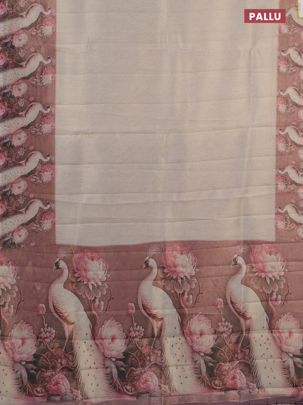 Tissue saree cream and pastel pink with allover zari weaves and floral digital printed border - Image 3