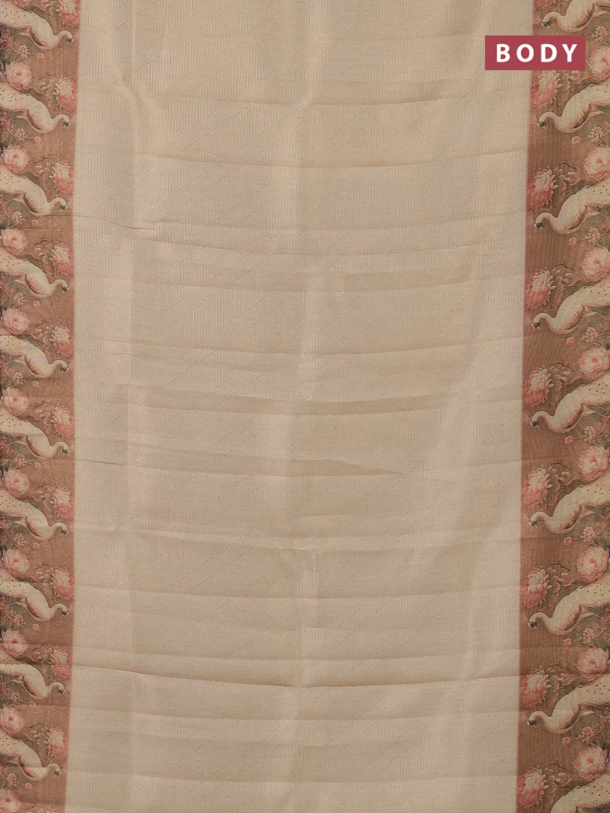 Tissue saree cream and peach shade with allover zari weaves and floral digital printed border - Image 2