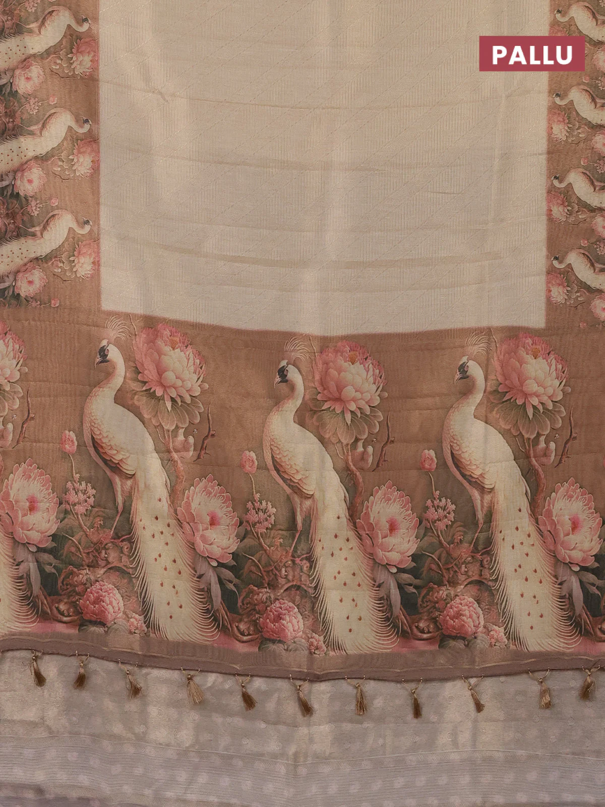 Tissue saree cream and peach shade with allover zari weaves and floral digital printed border - Image 3