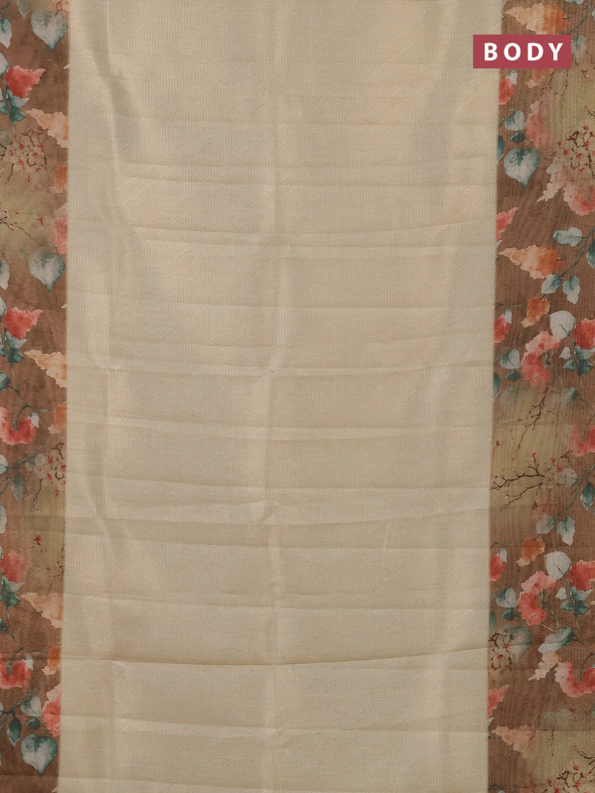Tissue saree cream and sandal with allover zari weaves and floral digital printed border - Image 2