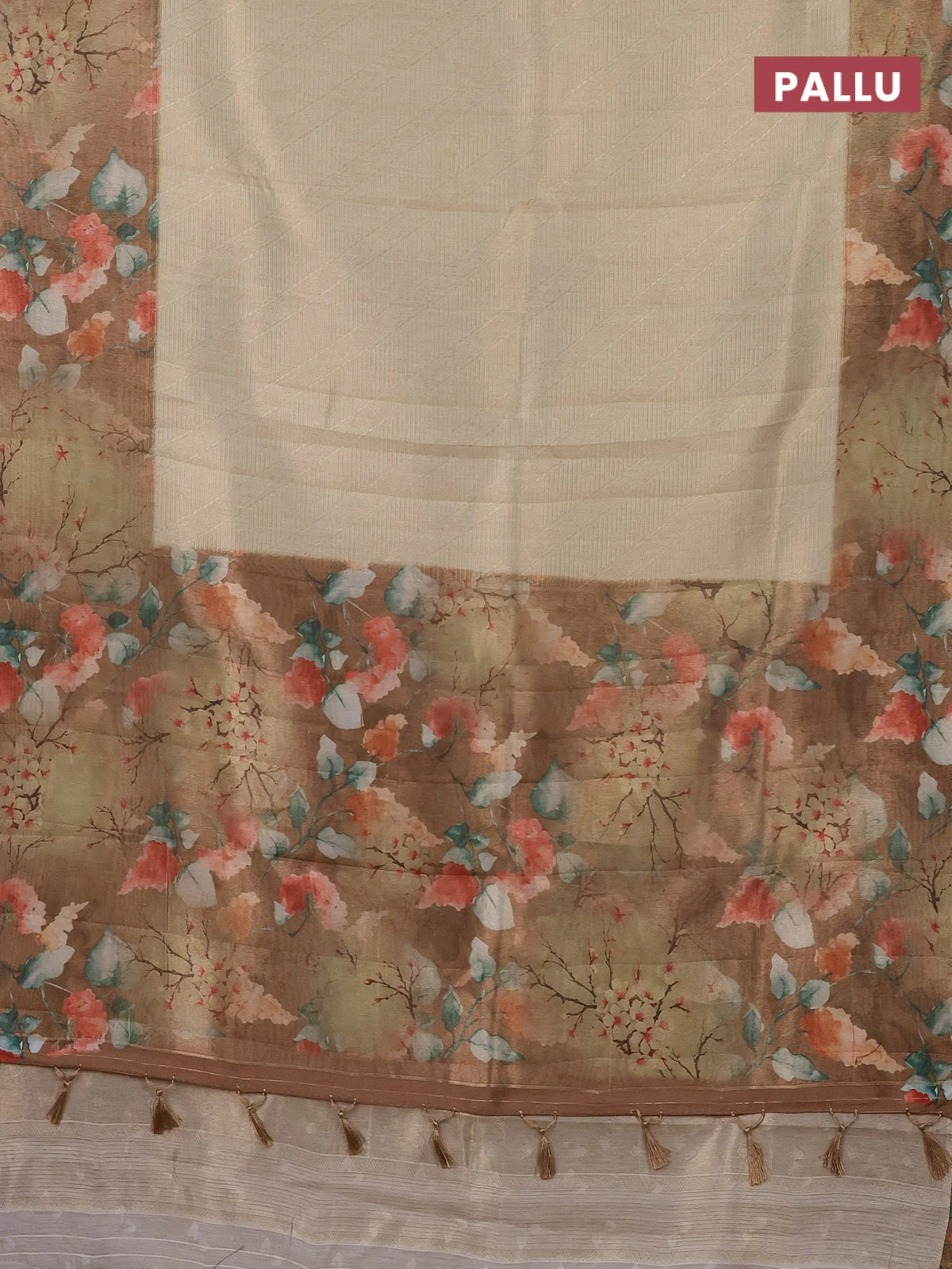 Tissue saree cream and sandal with allover zari weaves and floral digital printed border - Image 3