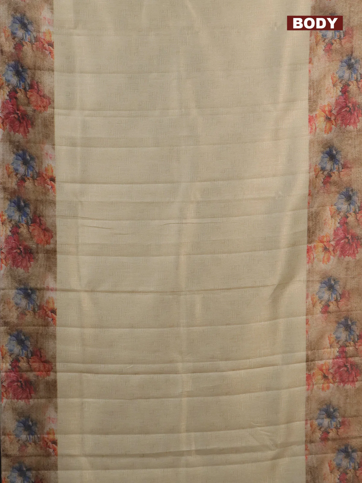 Tissue saree cream and sandal with allover zari weaves and floral digital printed border - Image 2