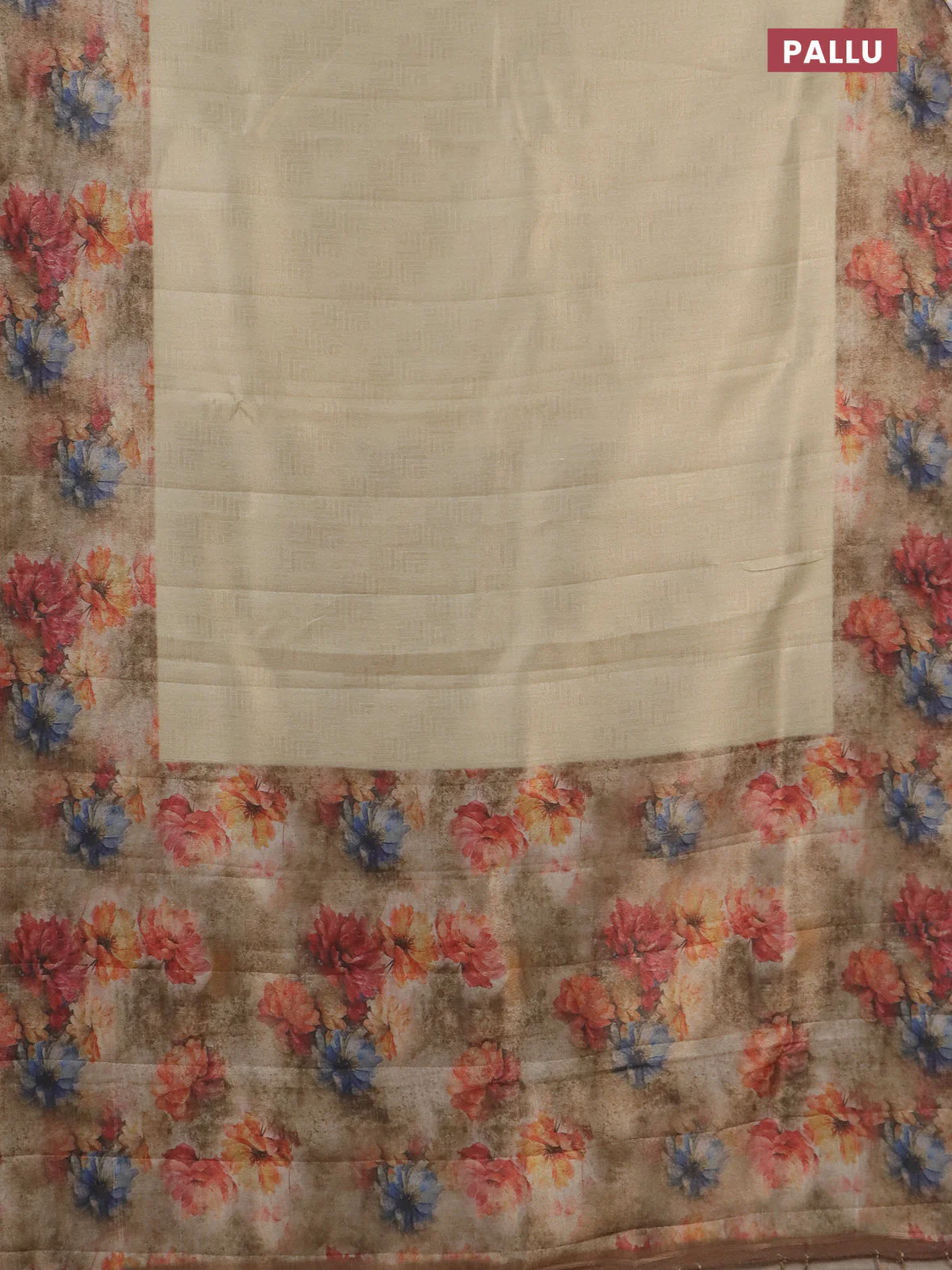 Tissue saree cream and sandal with allover zari weaves and floral digital printed border - Image 3