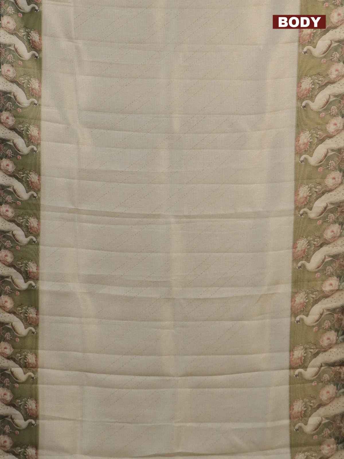 Tissue saree cream and sap green with allover zari weaves and floral digital printed border - Image 2