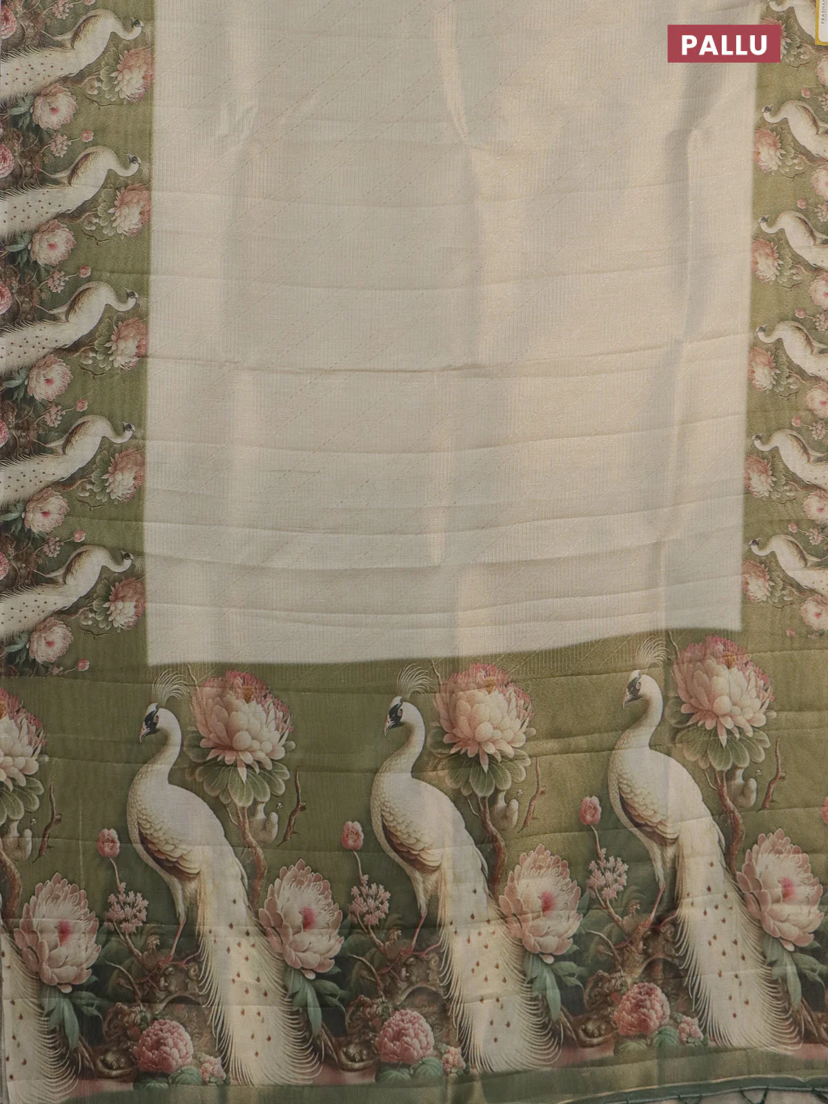 Tissue saree cream and sap green with allover zari weaves and floral digital printed border - Image 3