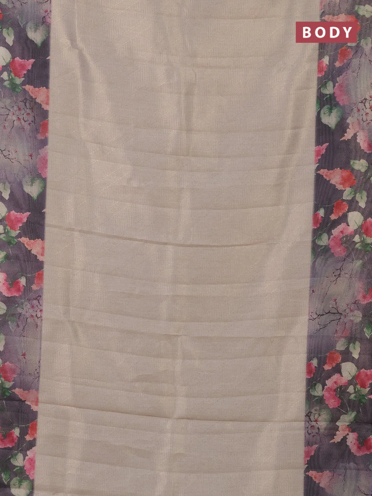 Tissue saree cream and violet with allover zari weaves and floral digital printed border - Image 2