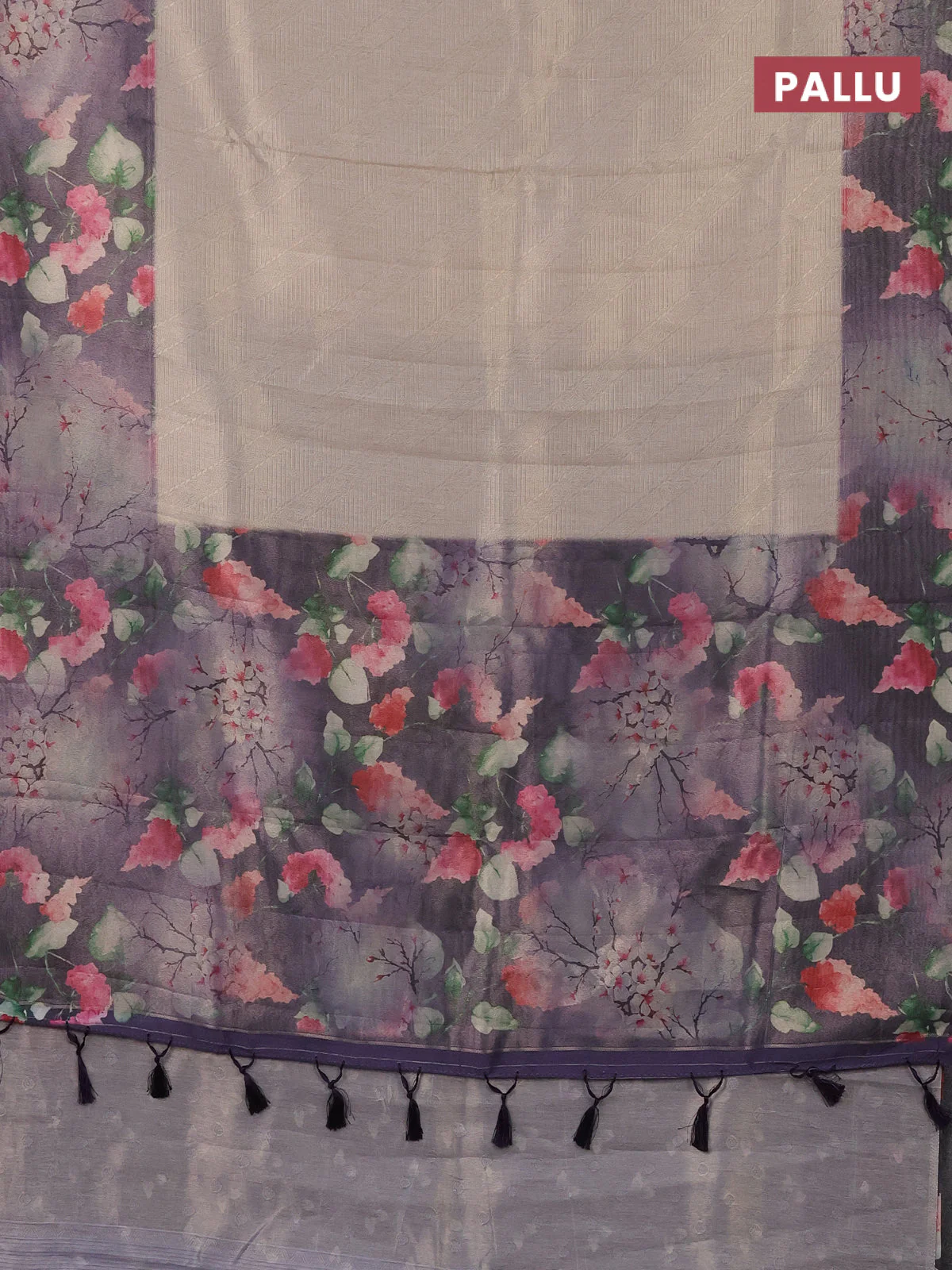 Tissue saree cream and violet with allover zari weaves and floral digital printed border - Image 3