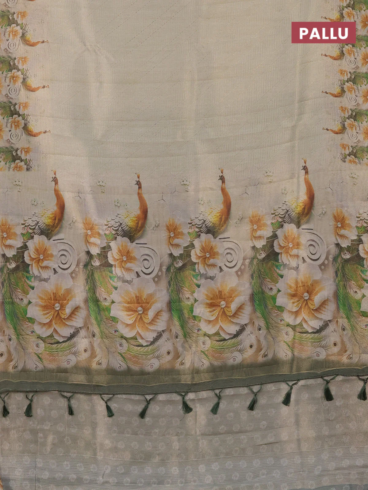 Tissue saree cream with allover zari weaves and floral digital printed border - Image 3