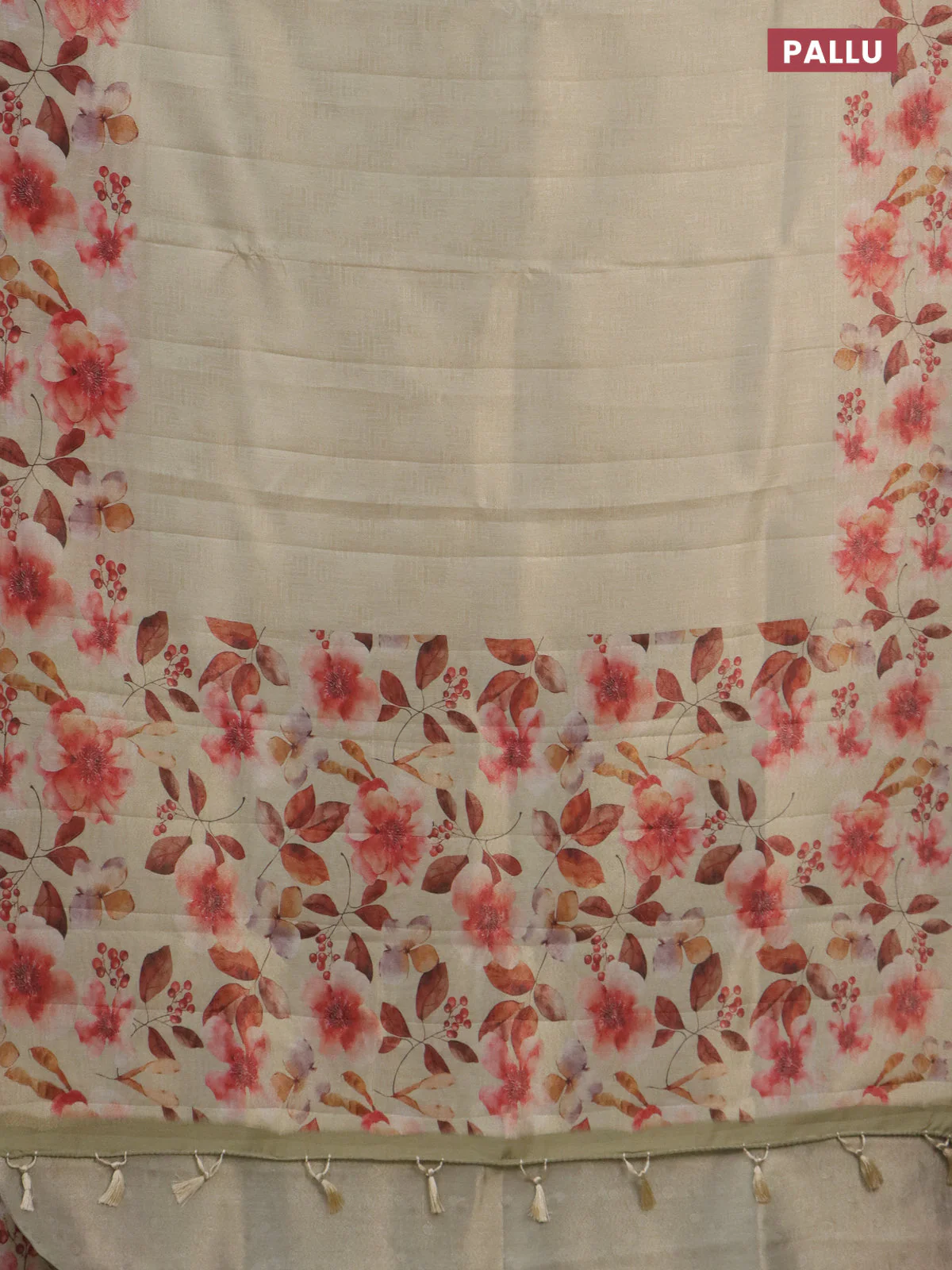 Tissue saree cream with allover zari weaves and floral digital printed border - Image 3