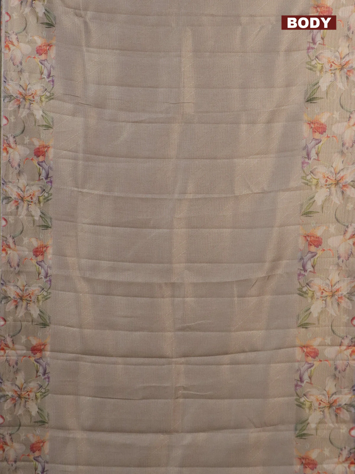 Tissue saree dark beige with allover zari weaves and floral digital printed border - Image 2
