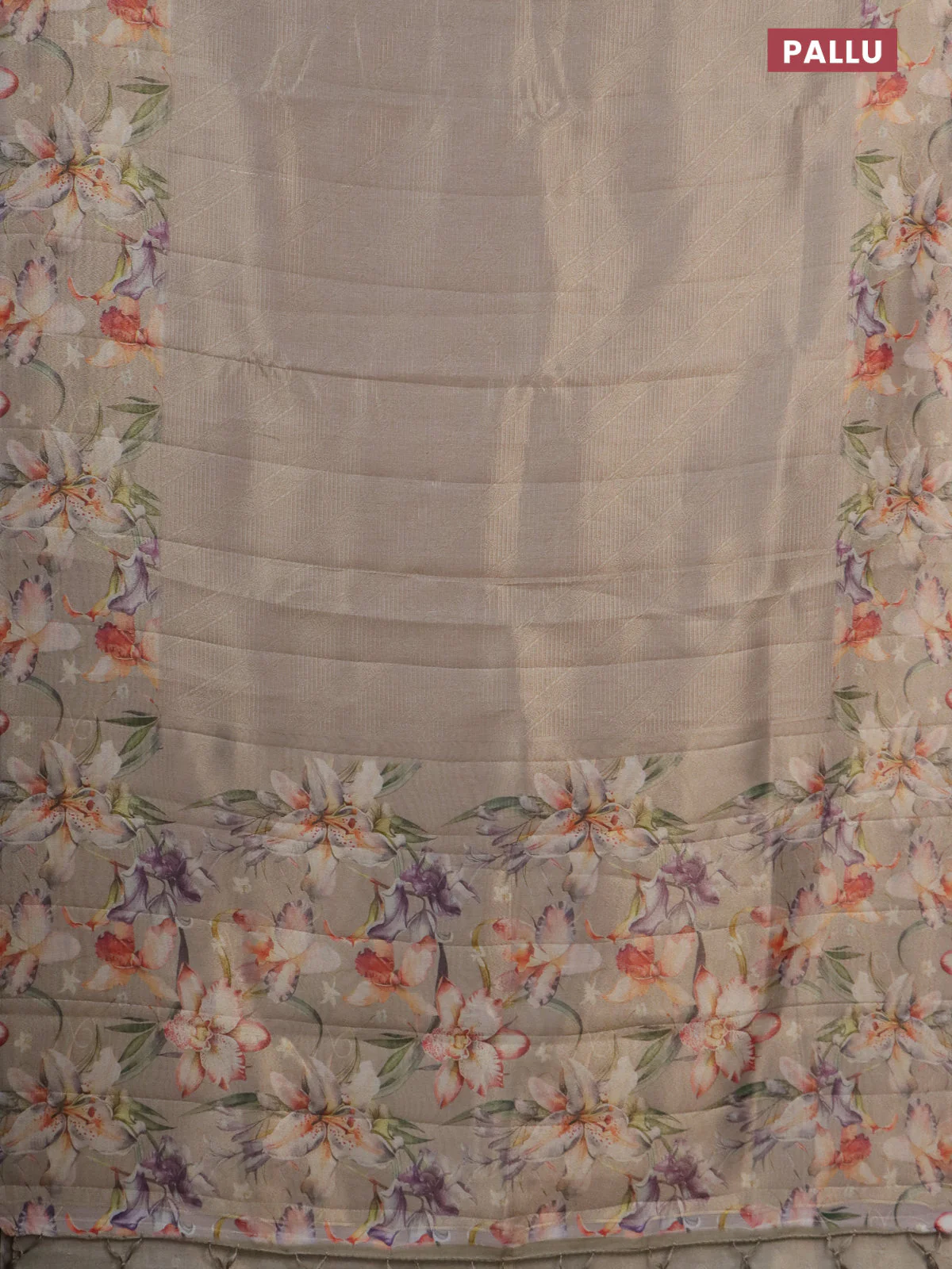 Tissue saree dark beige with allover zari weaves and floral digital printed border - Image 3
