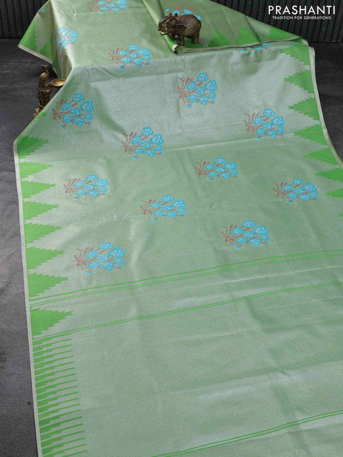Tissue saree green with embroidery work buttas and temple design zari border - Image 2