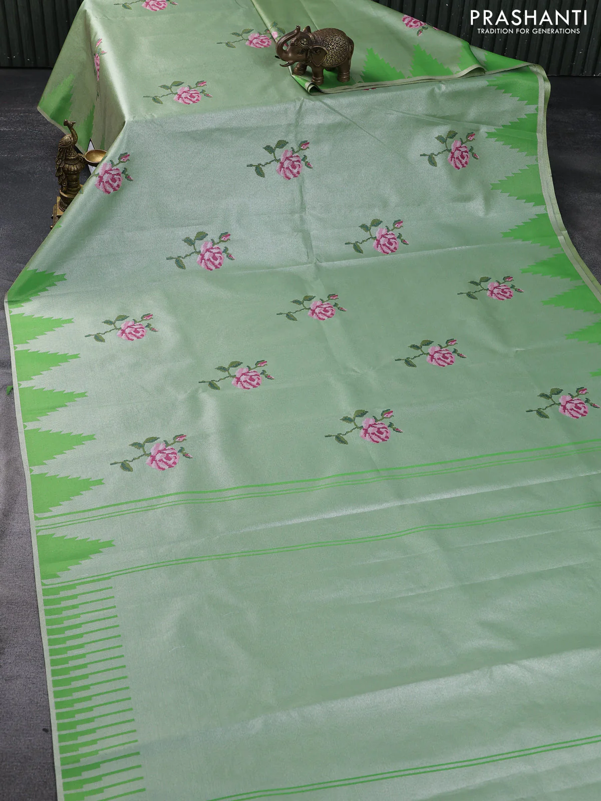 Tissue saree green with embroidery work buttas and temple design zari border - Image 2