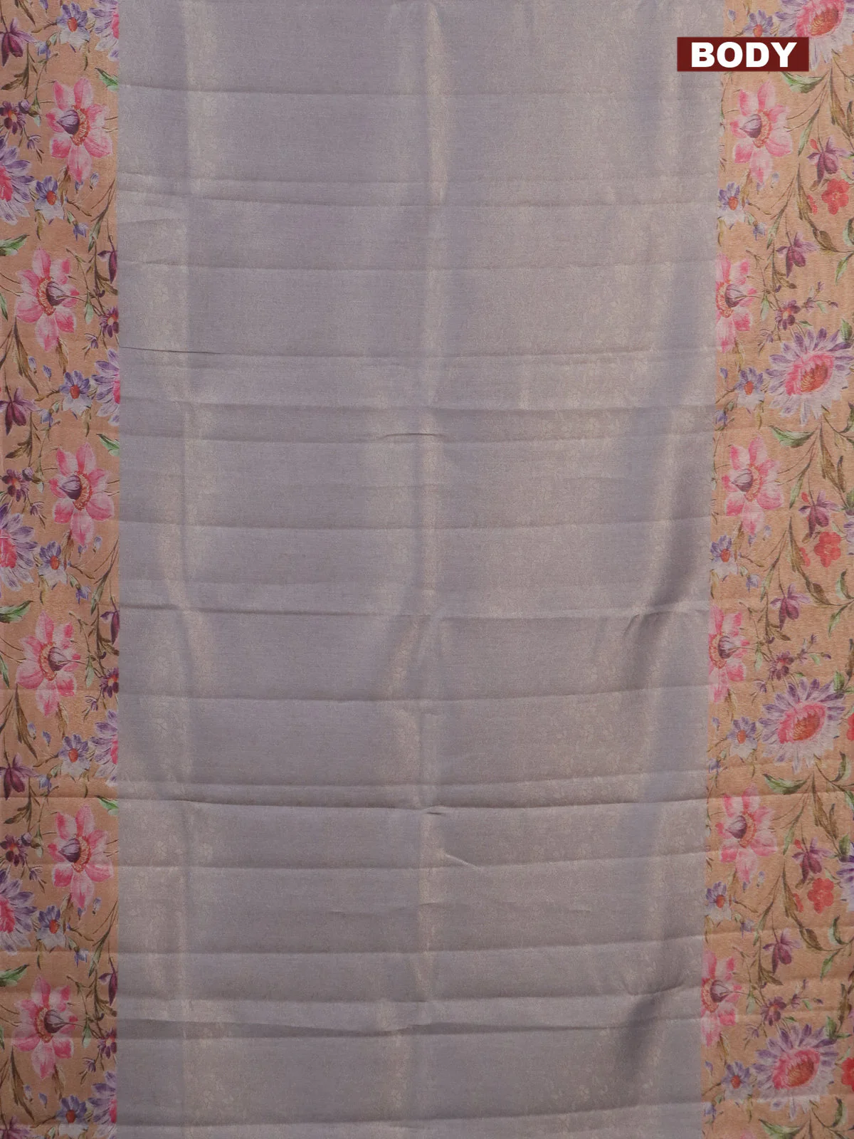 Tissue saree grey and peach orange with allover zari weaves and floral digital printed border - Image 2