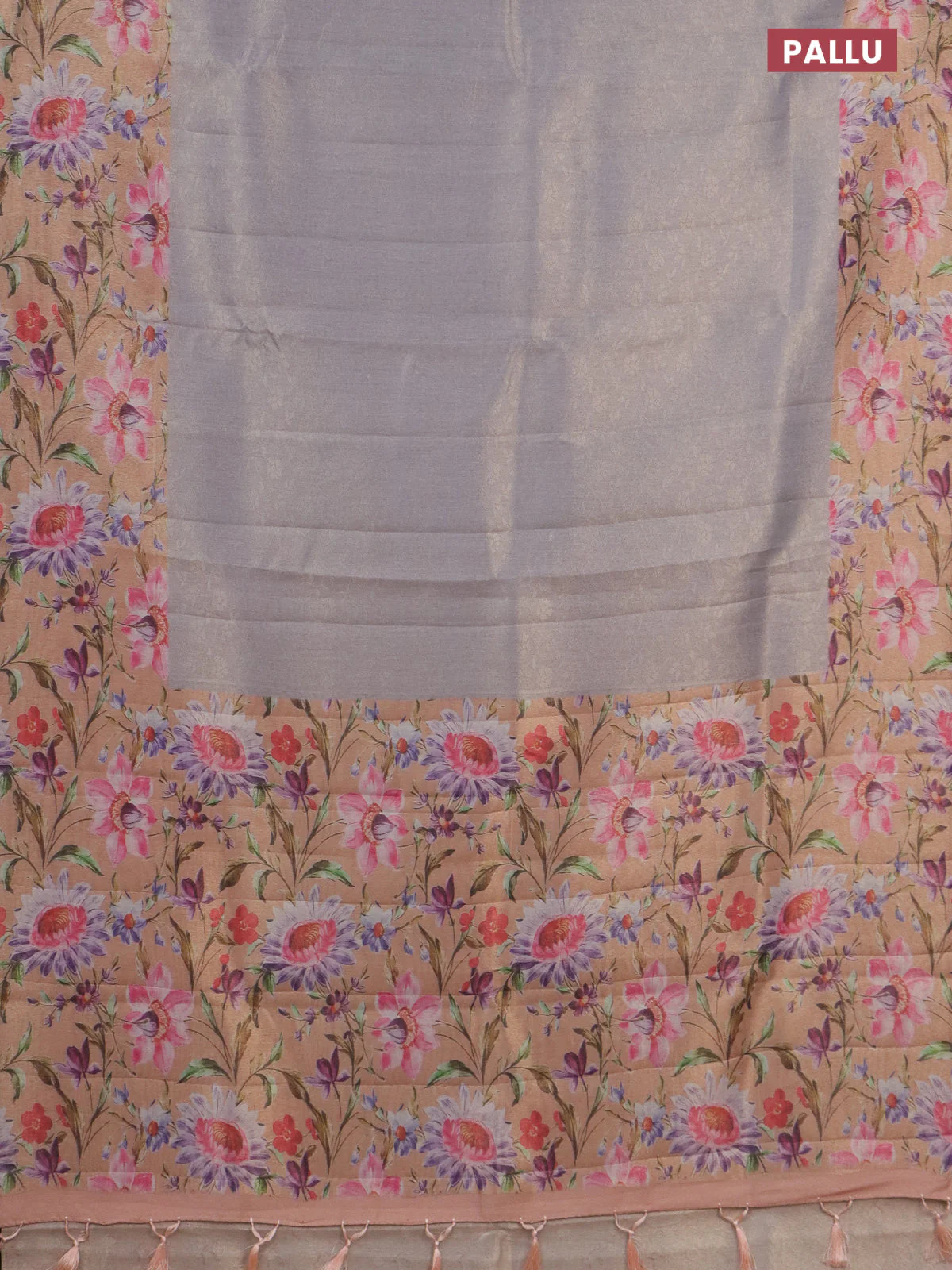 Tissue saree grey and peach orange with allover zari weaves and floral digital printed border - Image 3