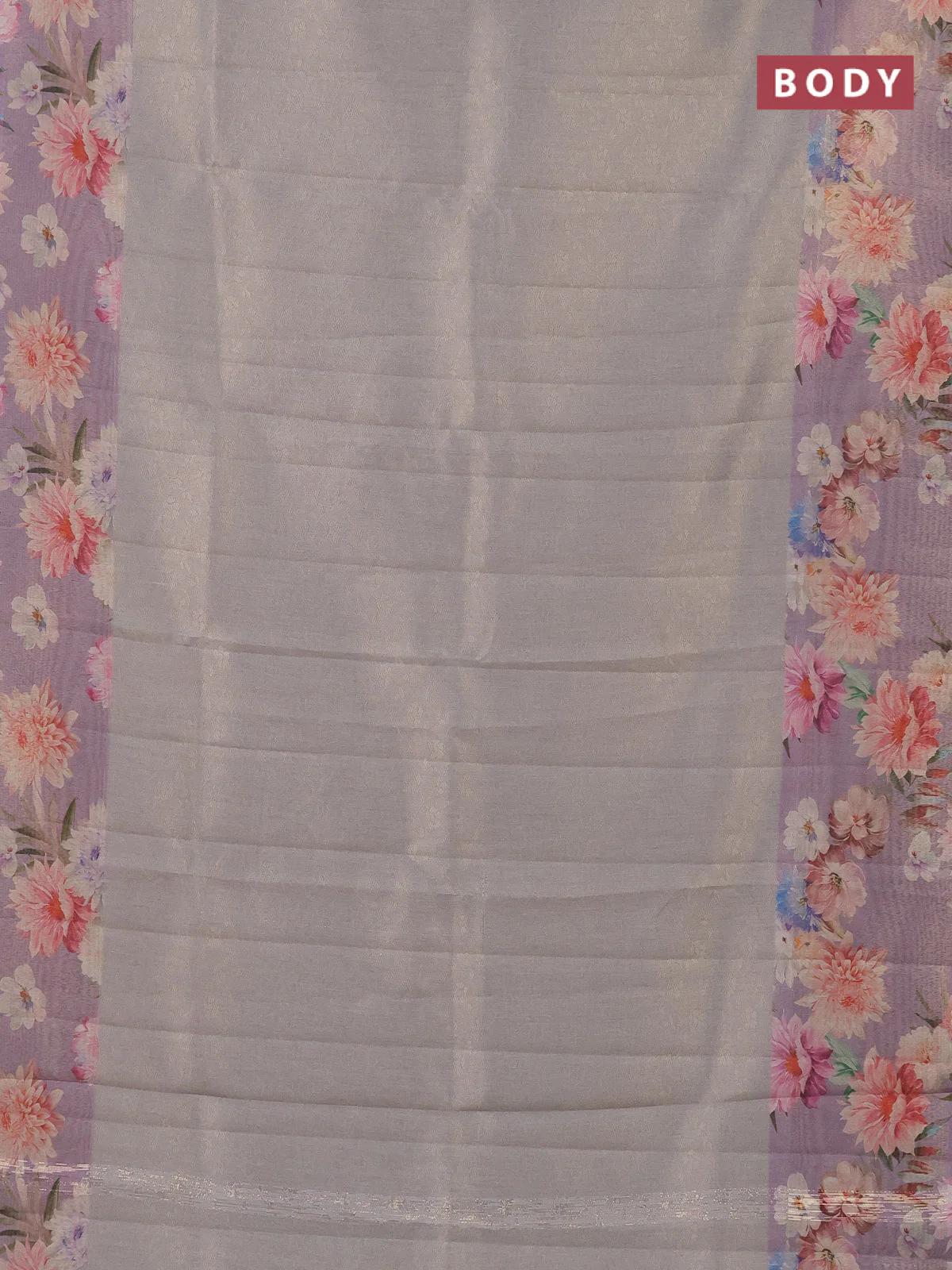 Tissue saree grey shade and lavender with allover zari weaves and floral digital printed border - Image 2