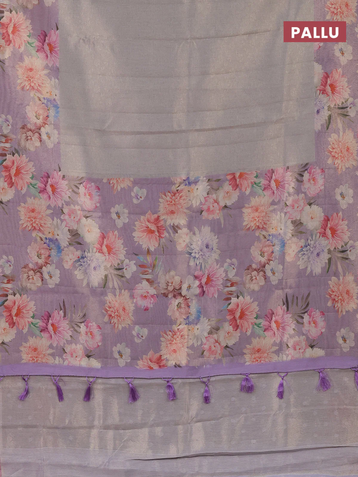 Tissue saree grey shade and lavender with allover zari weaves and floral digital printed border - Image 3