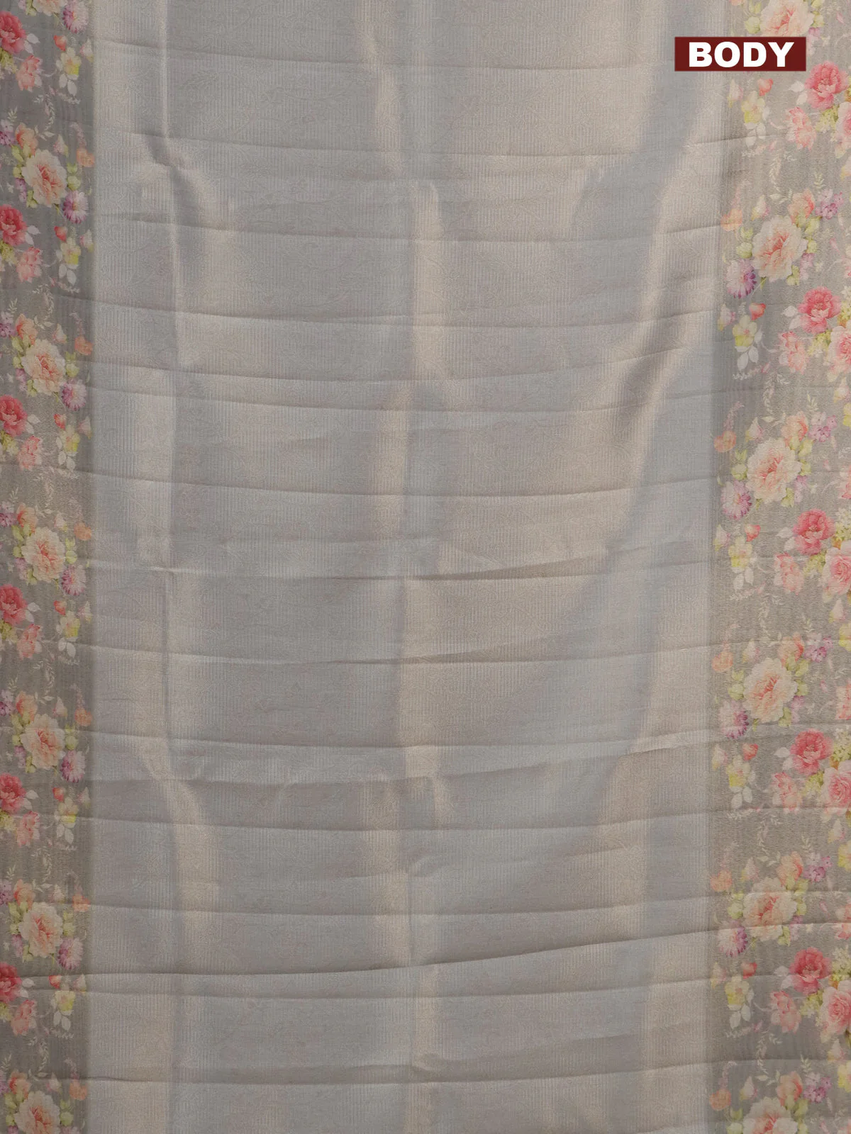 Tissue saree grey shade with allover zari weaves and floral digital printed border - Image 2