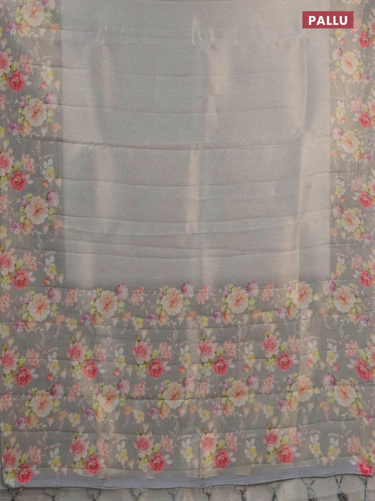 Tissue saree grey shade with allover zari weaves and floral digital printed border - Image 3