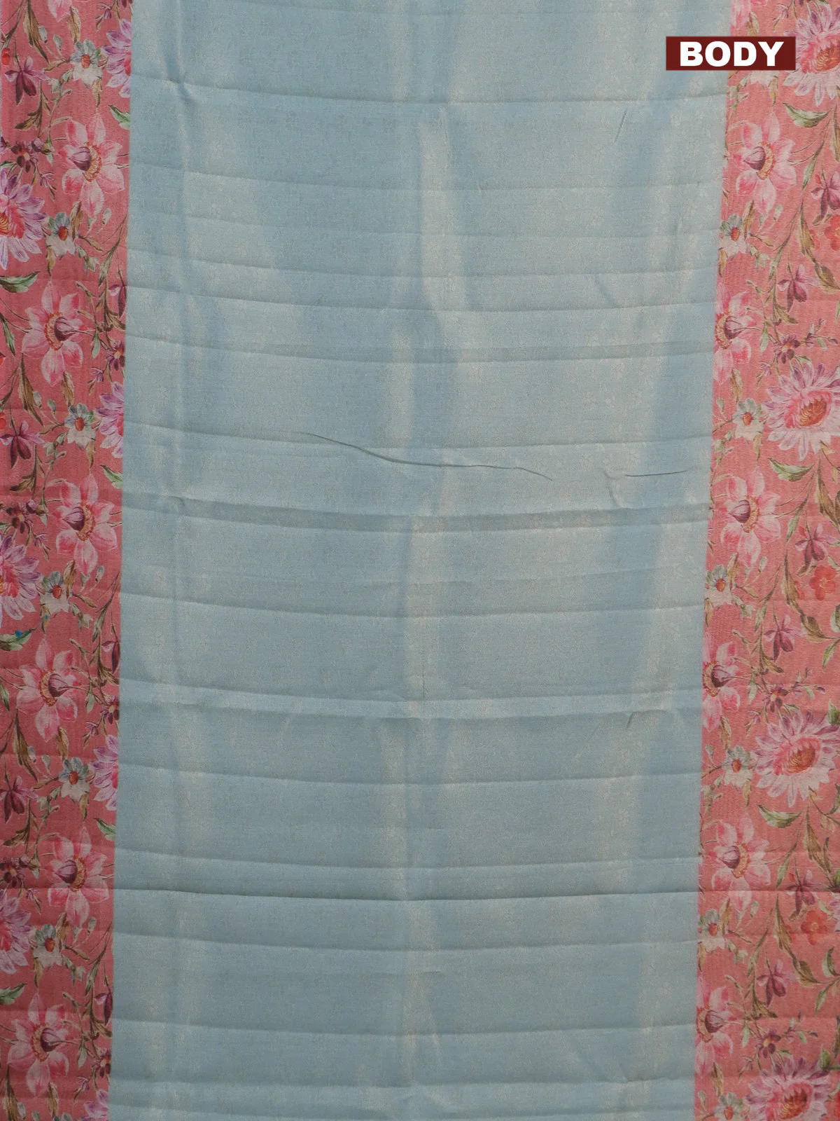 Tissue saree light blue and peach pink with allover zari weaves and floral digital printed border - Image 2
