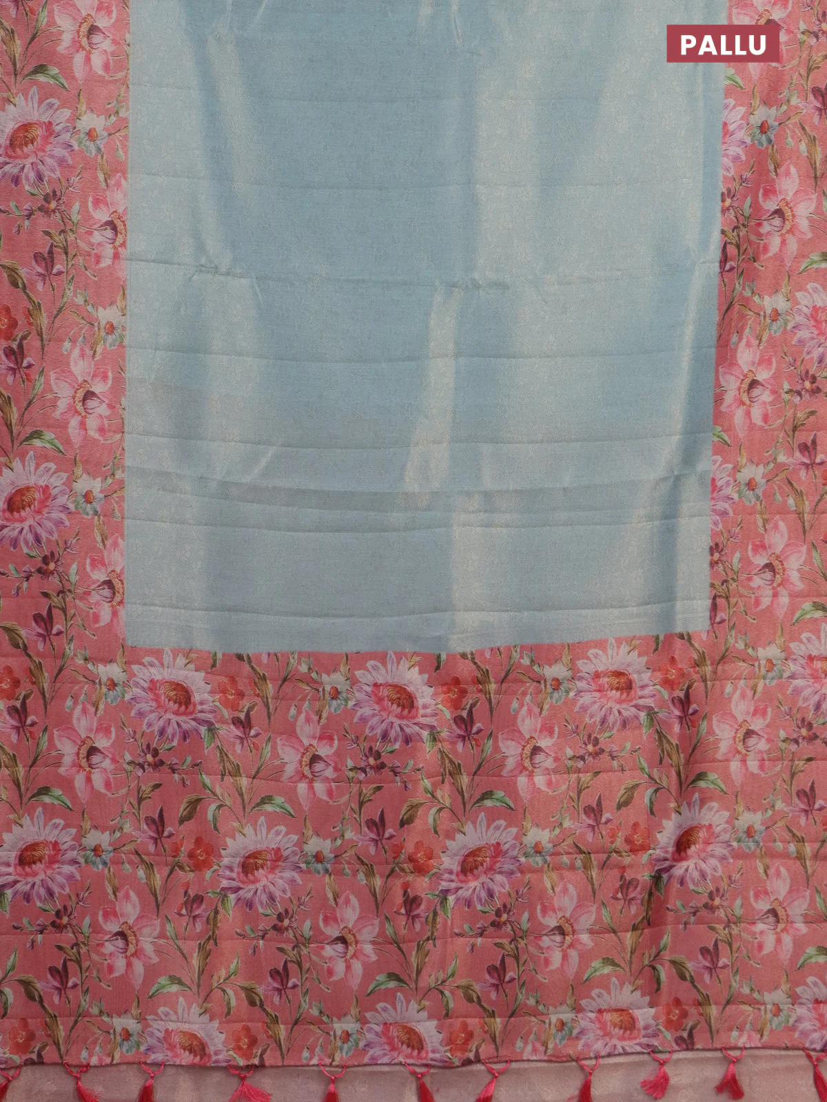 Tissue saree light blue and peach pink with allover zari weaves and floral digital printed border - Image 3