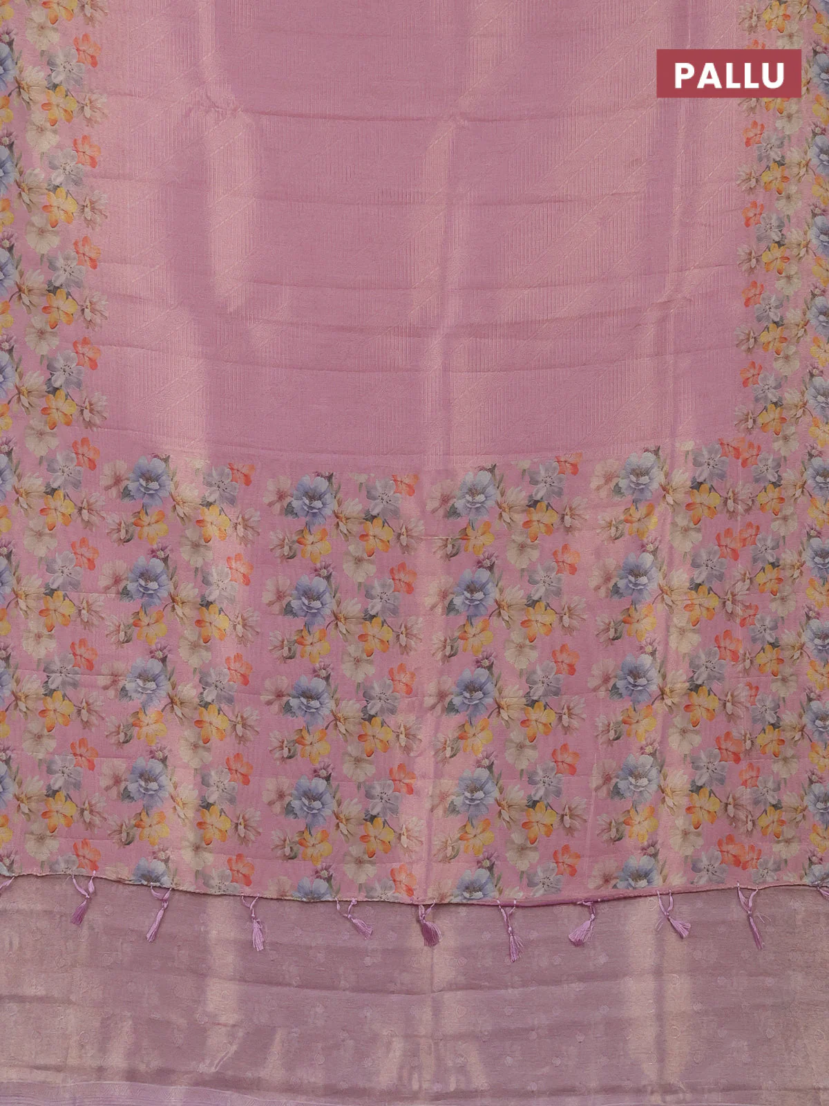 Tissue saree light pink with allover zari weaves and floral digital printed border - Image 3