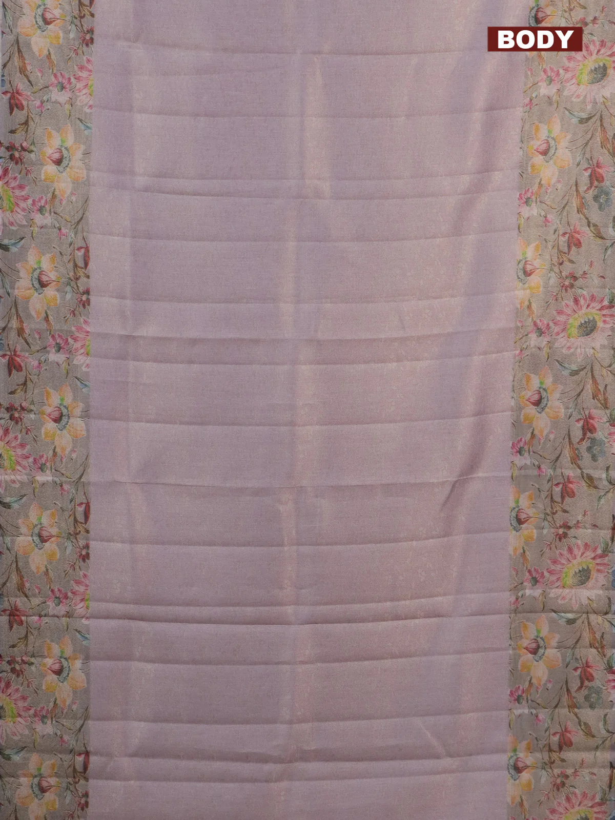 Tissue saree mild lavender and grey with allover zari weaves and floral digital printed border - Image 2