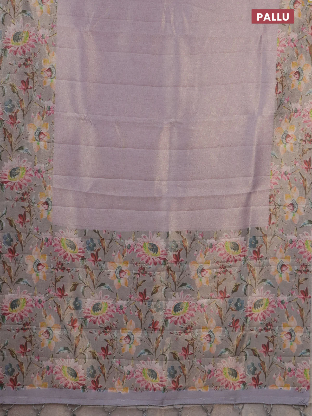 Tissue saree mild lavender and grey with allover zari weaves and floral digital printed border - Image 3