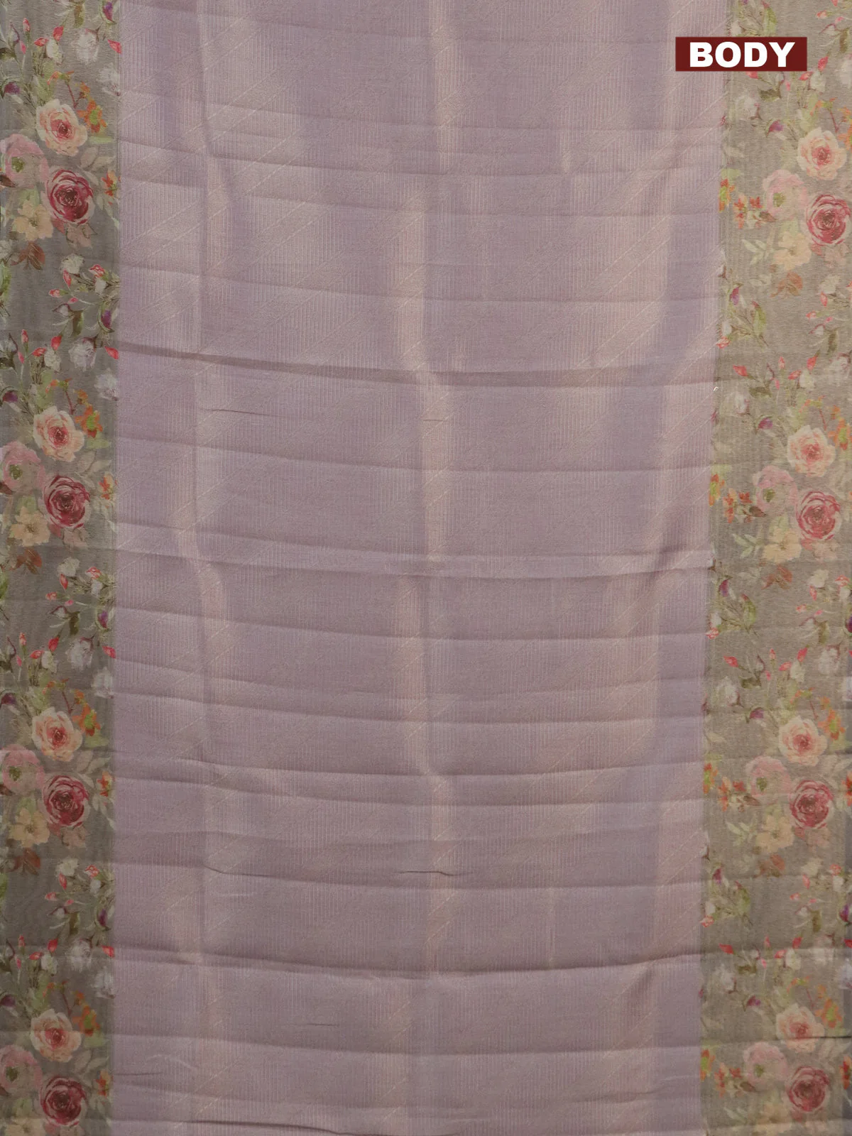 Tissue saree mild lavender and grey with allover zari weaves and floral digital printed border - Image 2