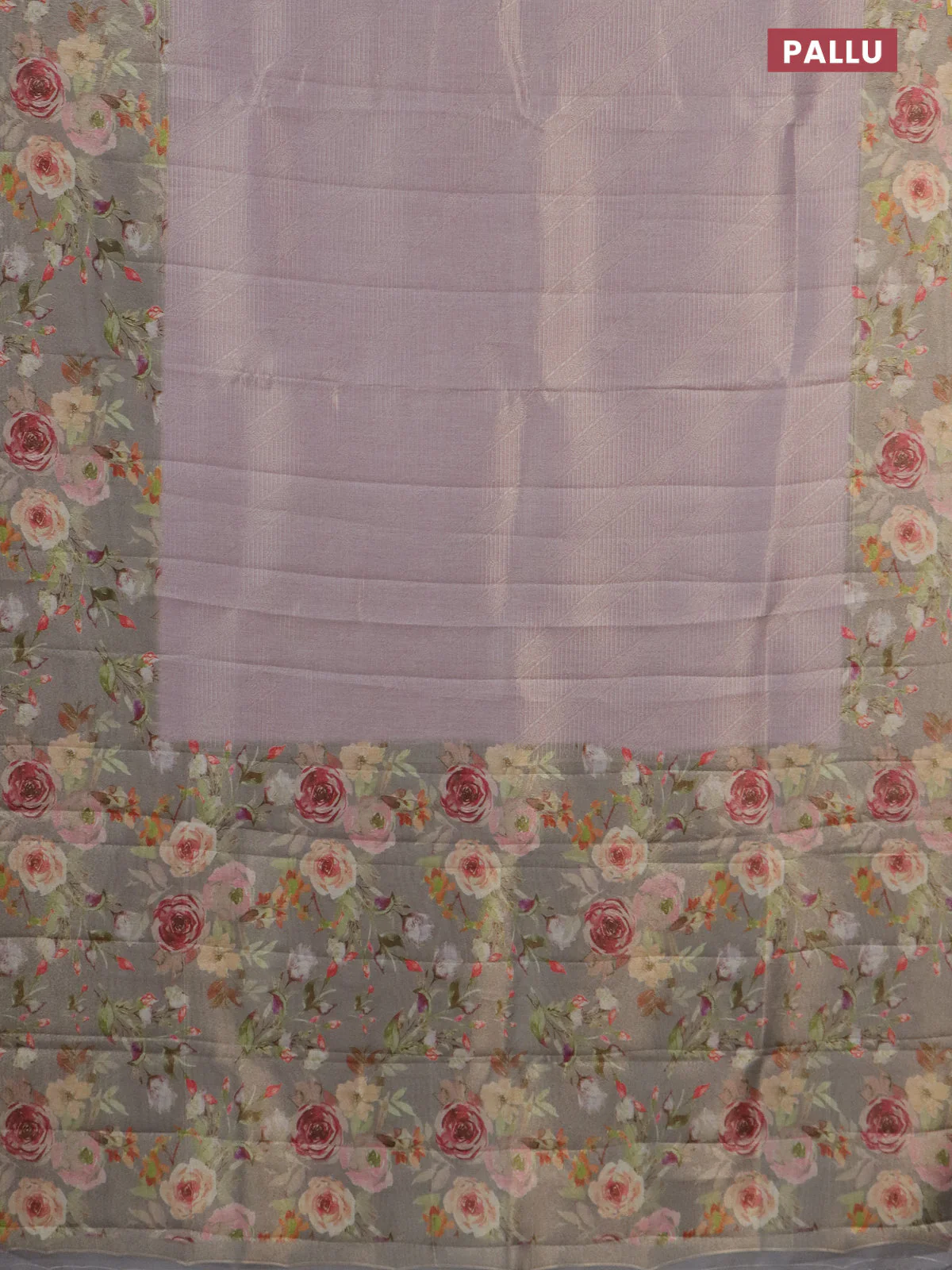 Tissue saree mild lavender and grey with allover zari weaves and floral digital printed border - Image 3