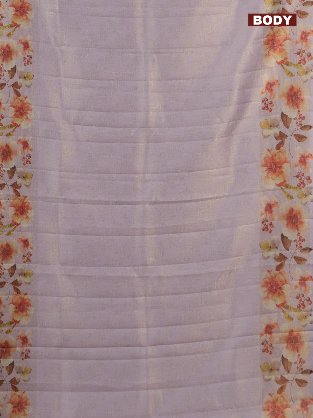 Tissue saree mild lavender with allover zari weaves and floral digital printed border - Image 2