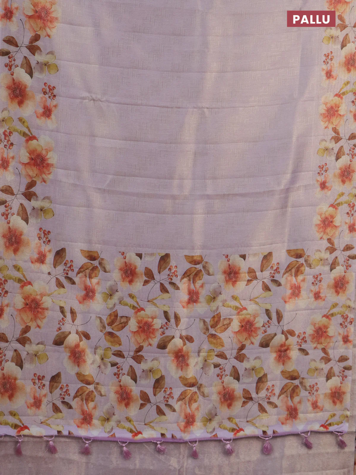 Tissue saree mild lavender with allover zari weaves and floral digital printed border - Image 3