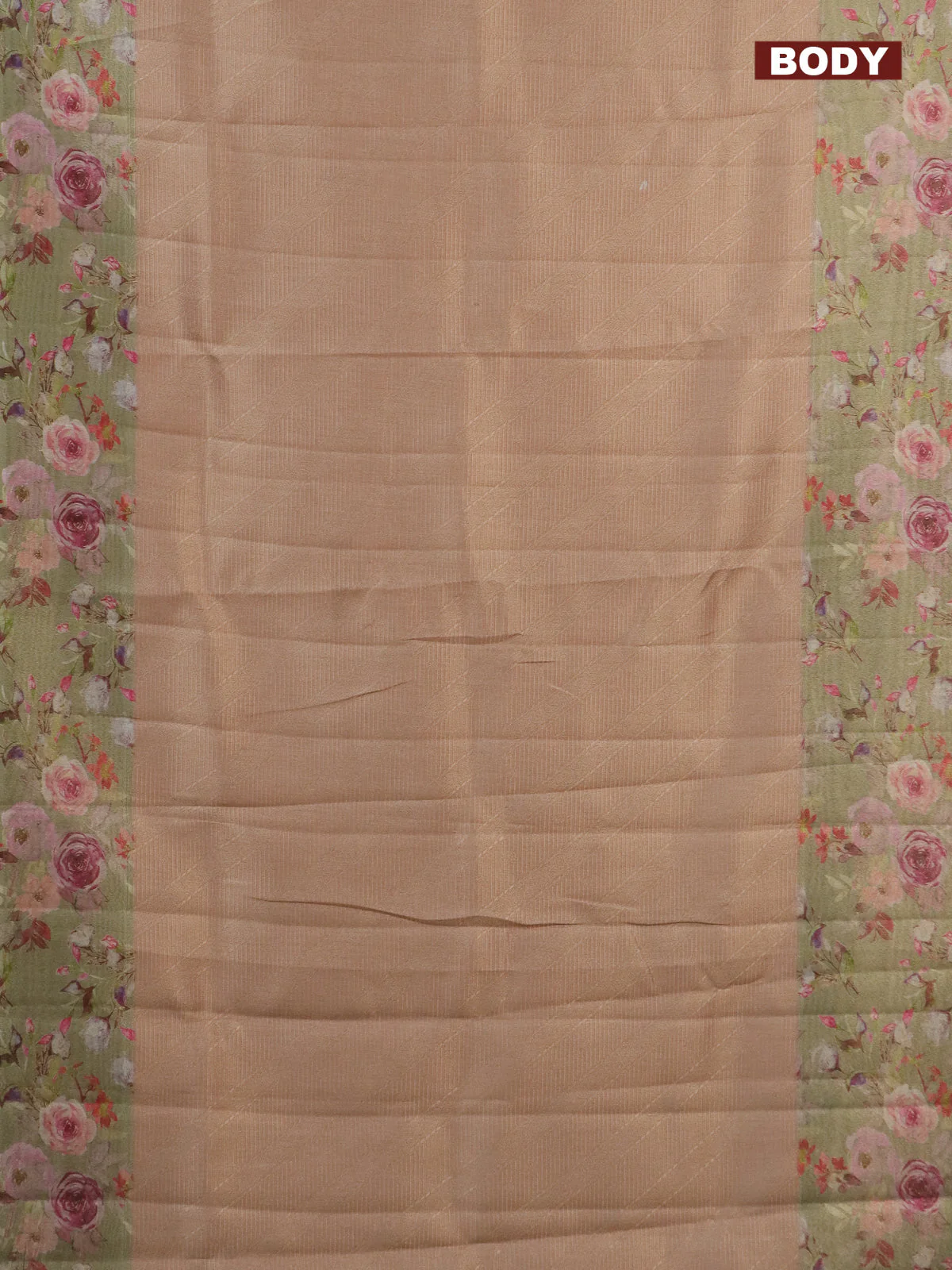 Tissue saree mild peach and pista green with allover zari weaves and floral digital printed border - Image 2