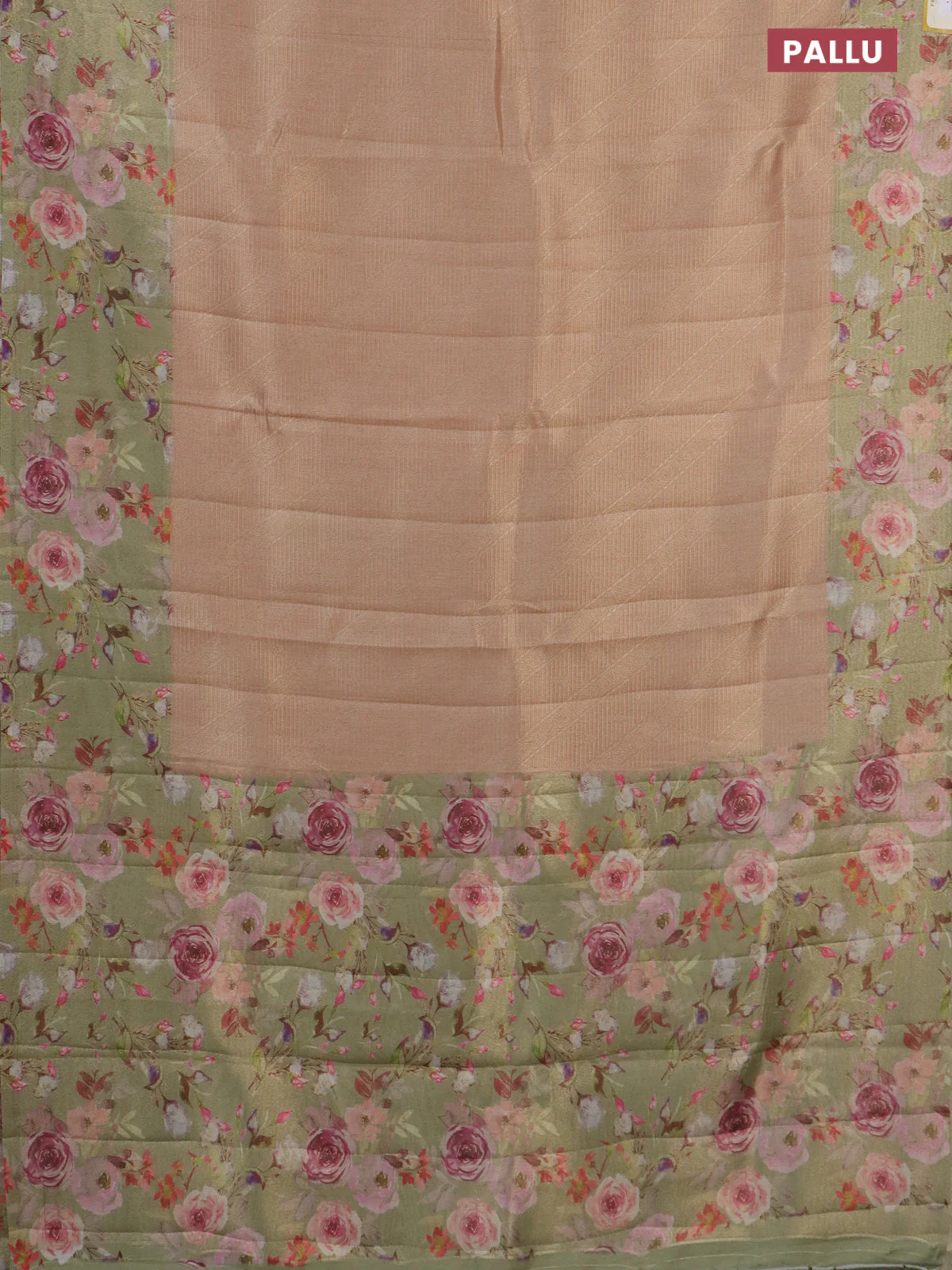 Tissue saree mild peach and pista green with allover zari weaves and floral digital printed border - Image 3