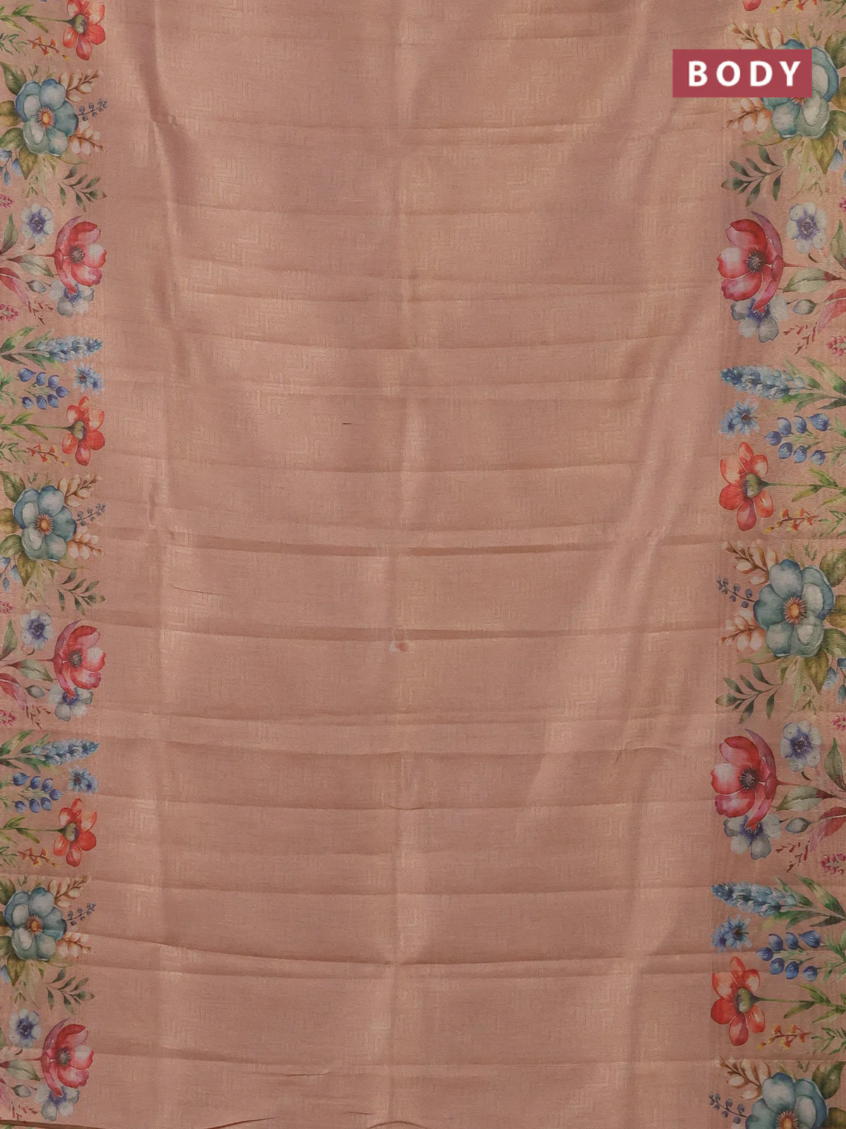Tissue saree mild peach with allover zari weaves and digital printed border - Image 2