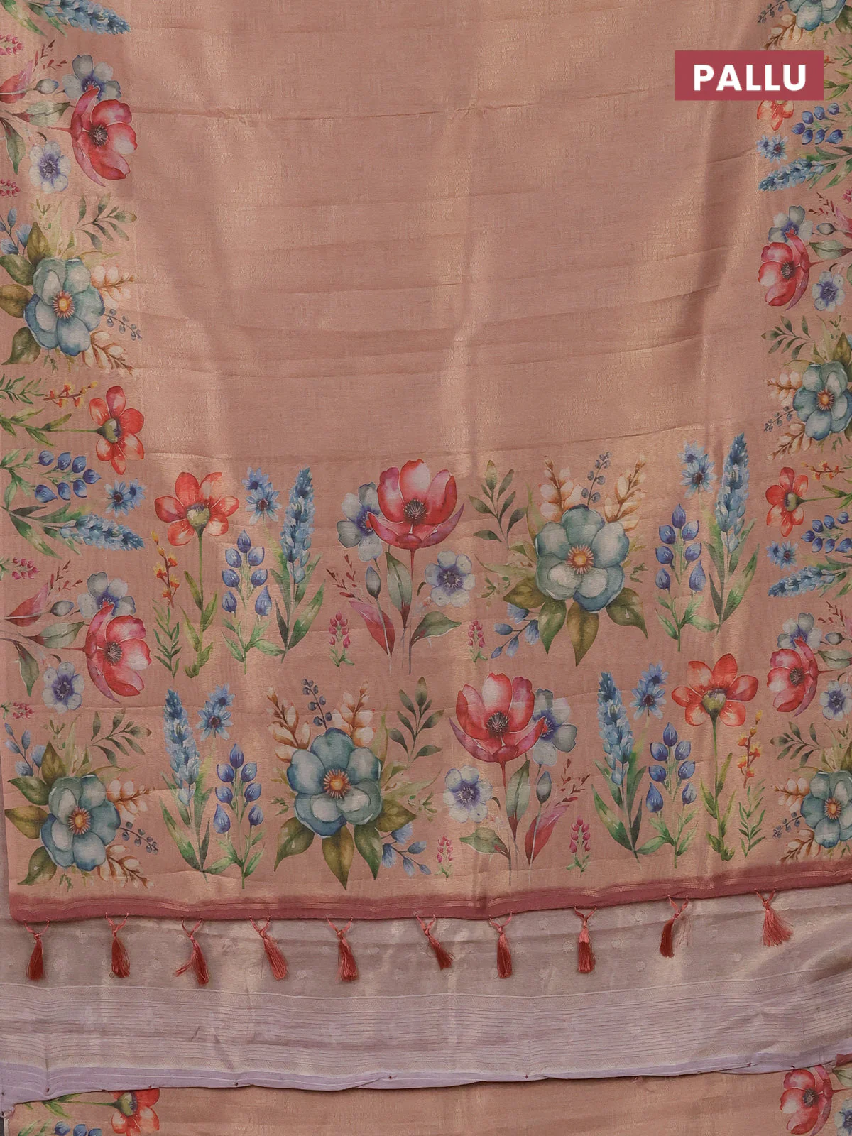 Tissue saree mild peach with allover zari weaves and digital printed border - Image 3