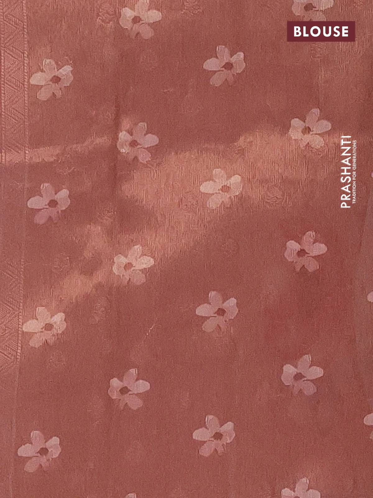 Tissue saree mild peach with allover zari weaves and digital printed border - Image 4