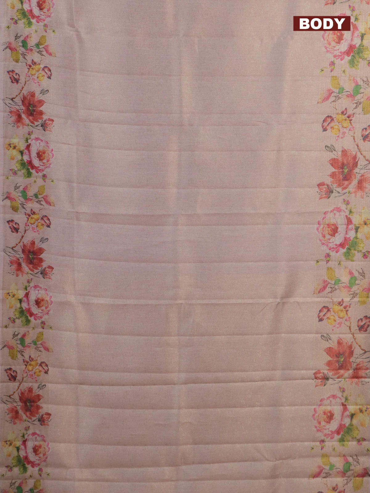 Tissue saree mild peach with allover zari weaves and digital printed border - Image 2