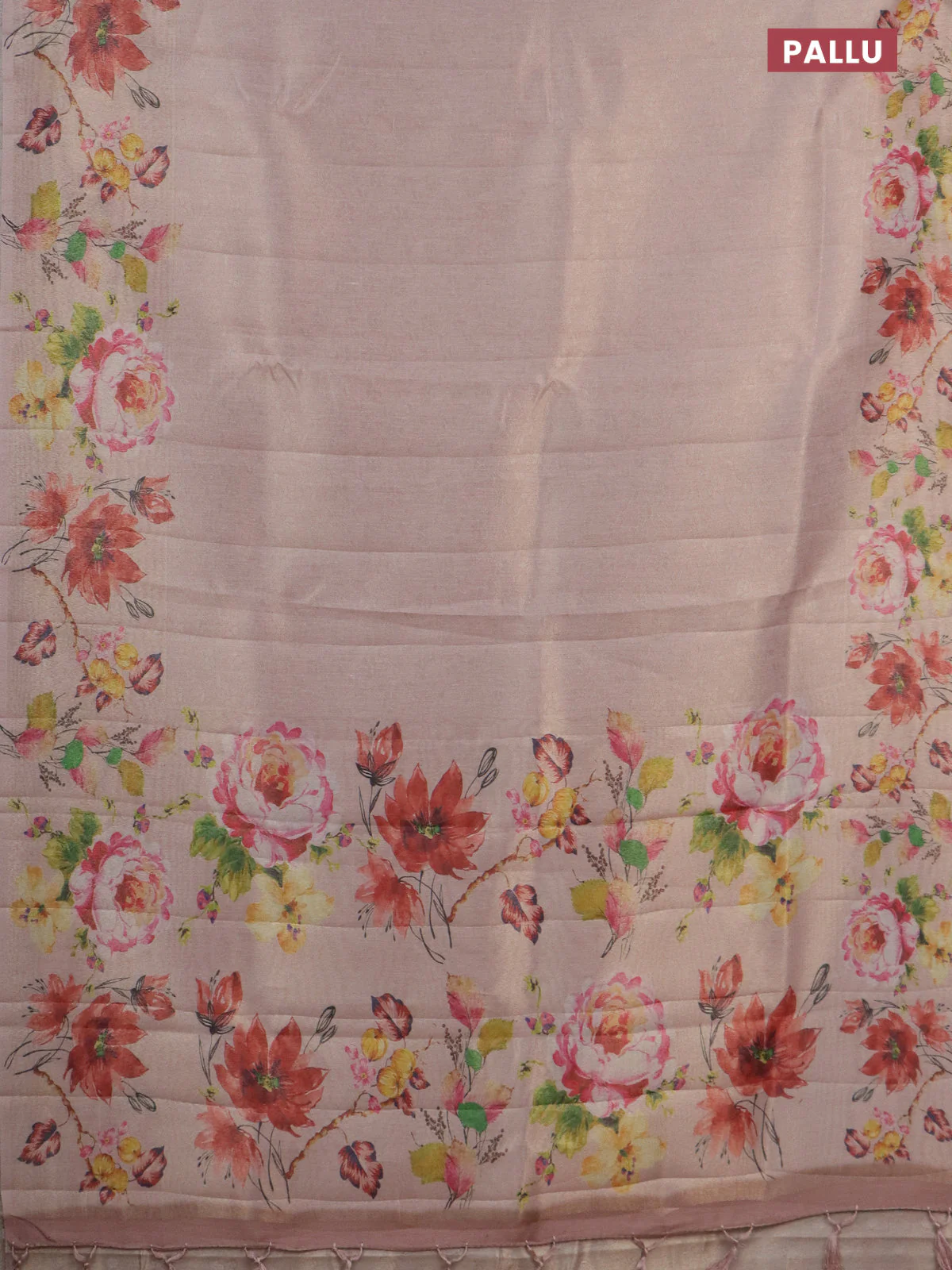 Tissue saree mild peach with allover zari weaves and digital printed border - Image 3