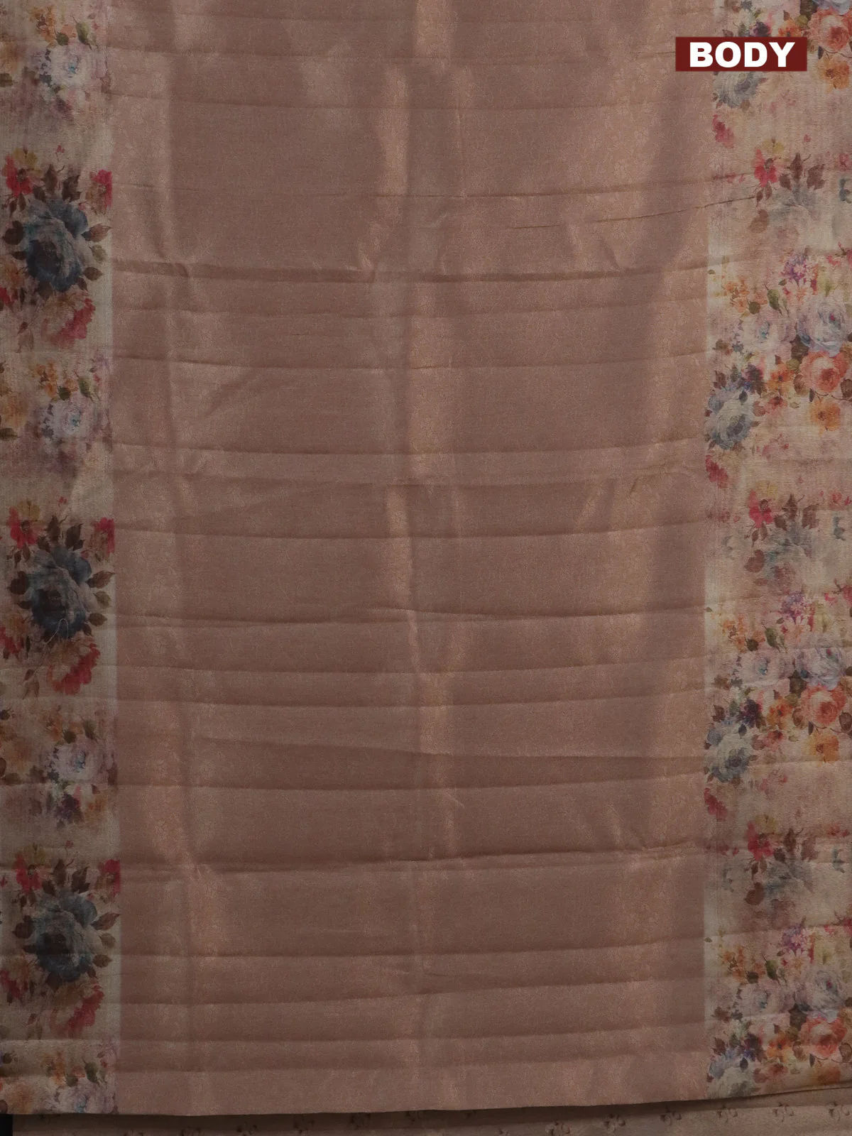 Tissue saree mild peach with allover zari weaves and floral digital printed border - Image 2