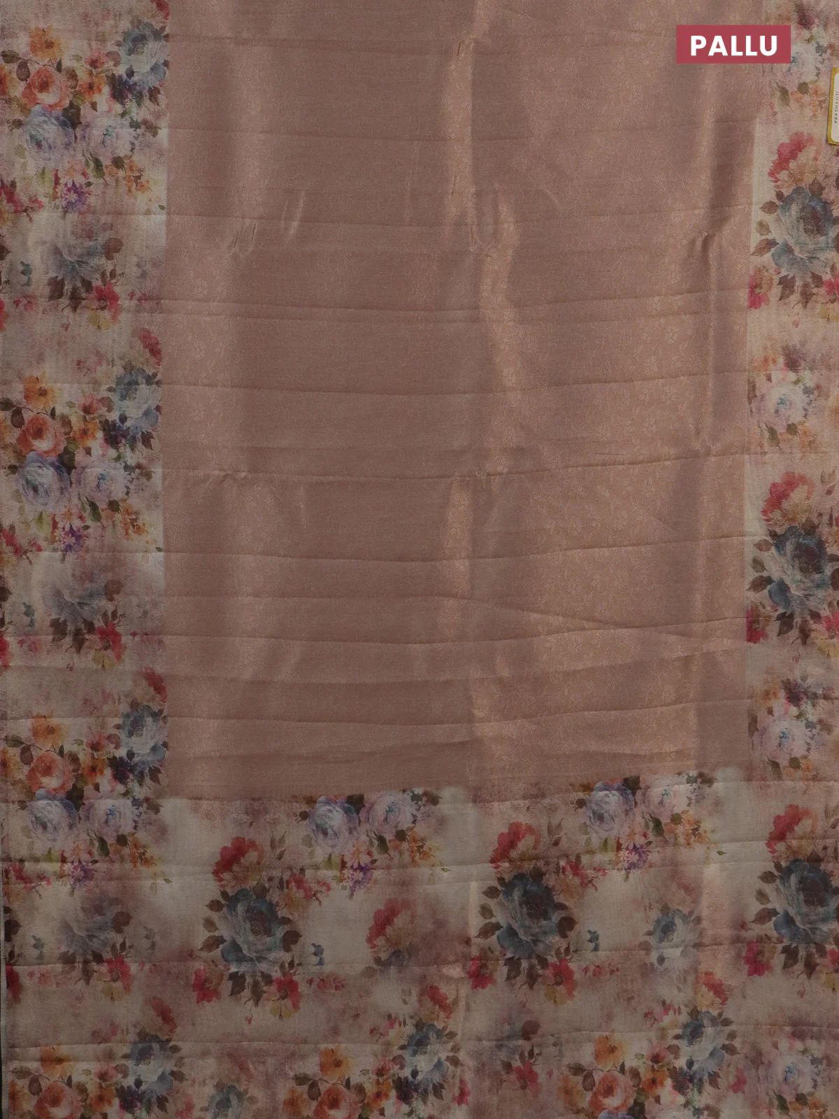 Tissue saree mild peach with allover zari weaves and floral digital printed border - Image 3