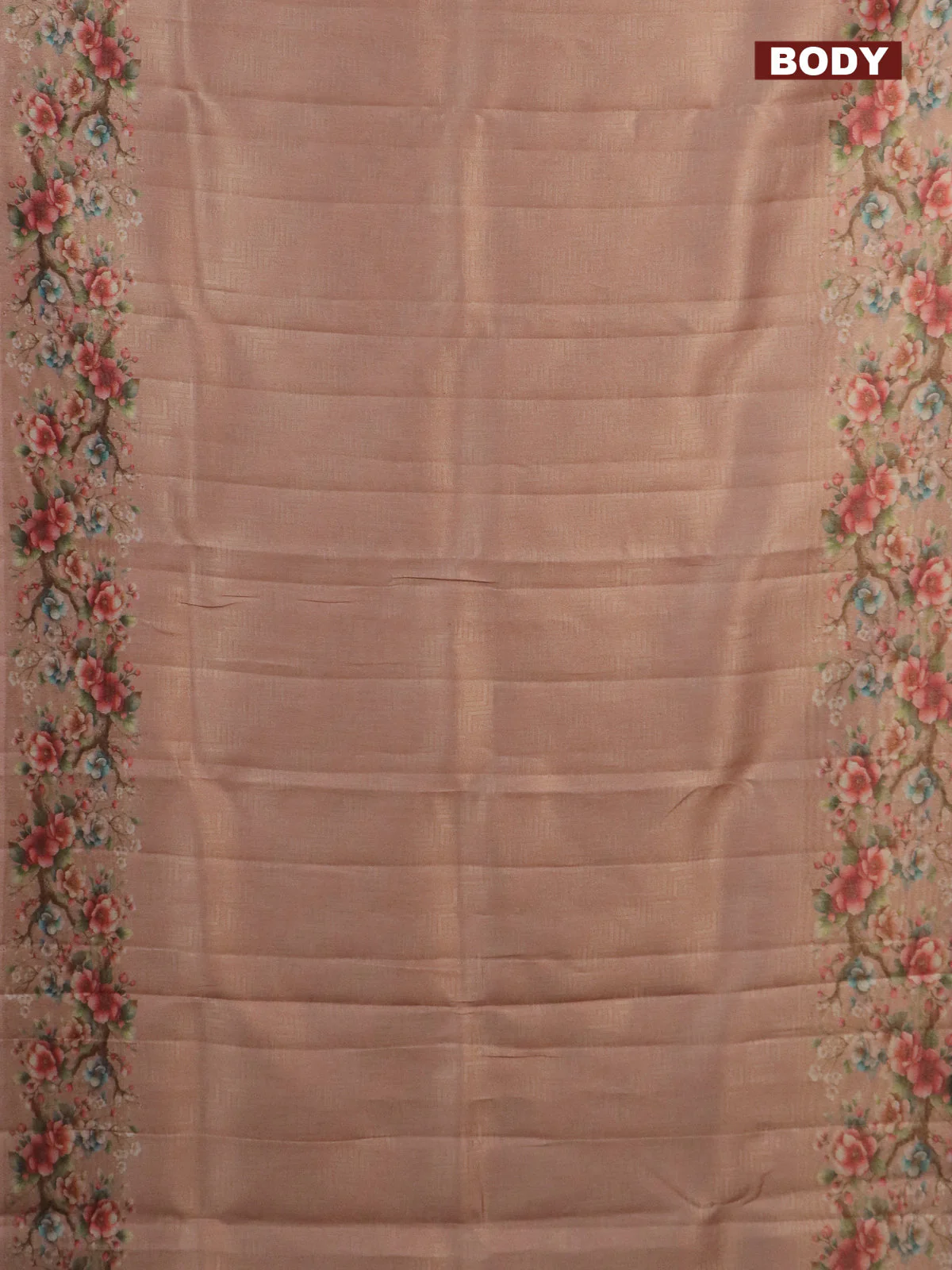 Tissue saree mild peach with allover zari weaves and floral digital printed border - Image 2
