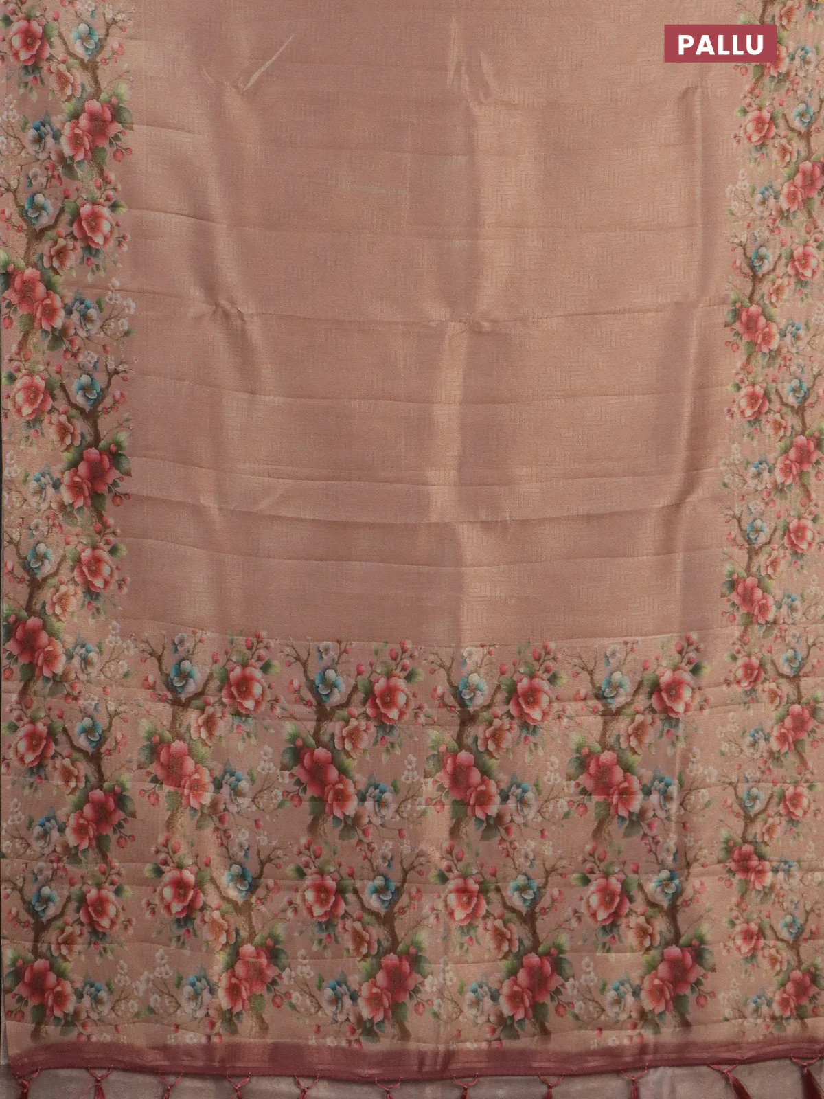 Tissue saree mild peach with allover zari weaves and floral digital printed border - Image 3