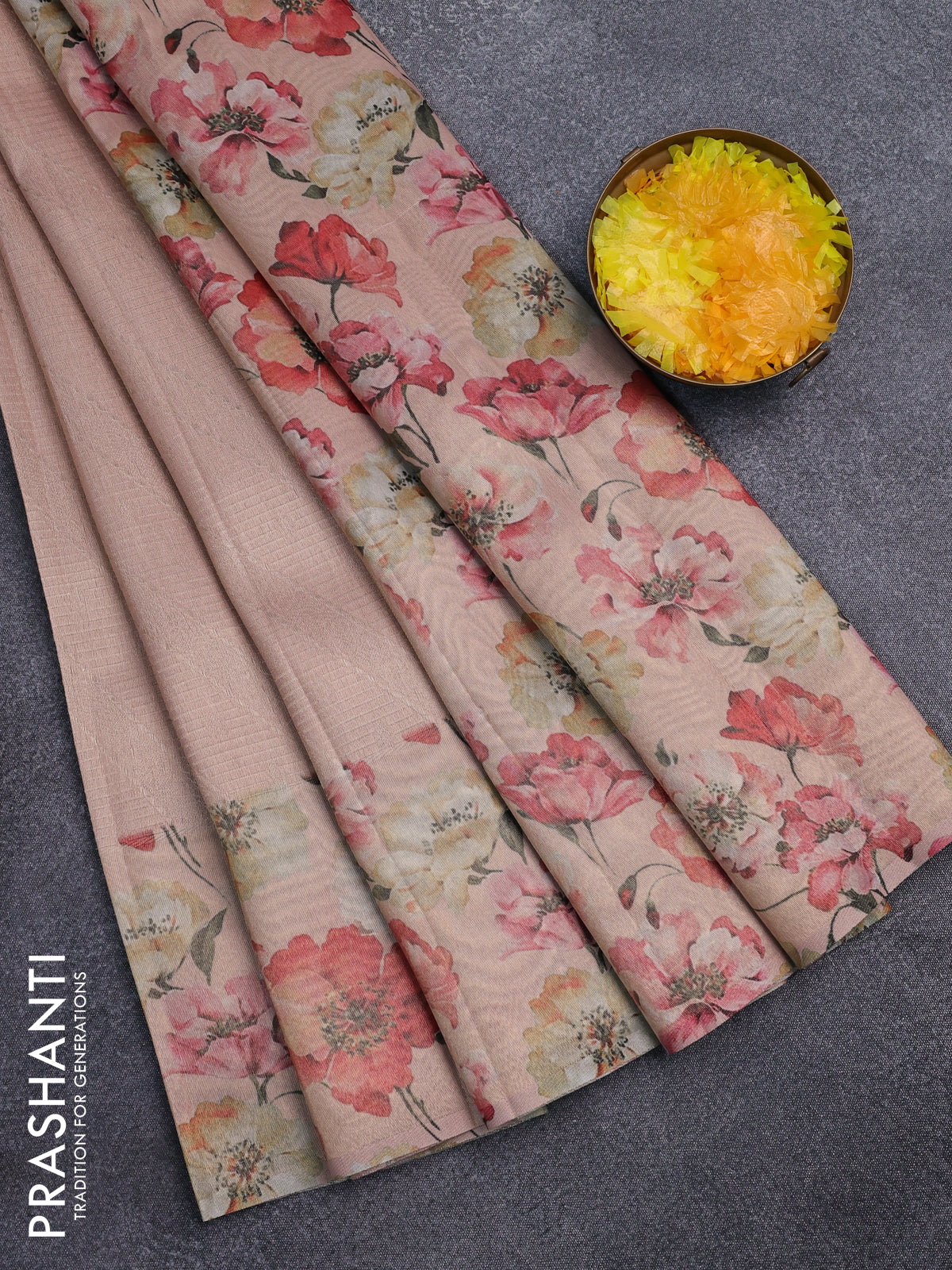 Tissue saree mild peach with allover zari weaves and floral digital printed border
